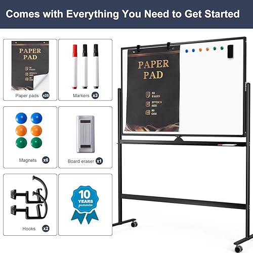 Miniatura 6 de TANKEE - Caballete de pizarra blanca de borrado en seco sobre ruedas, 48 x 32 pulgadas, pizarra blanca móvil grande de doble cara, pizarra blanca