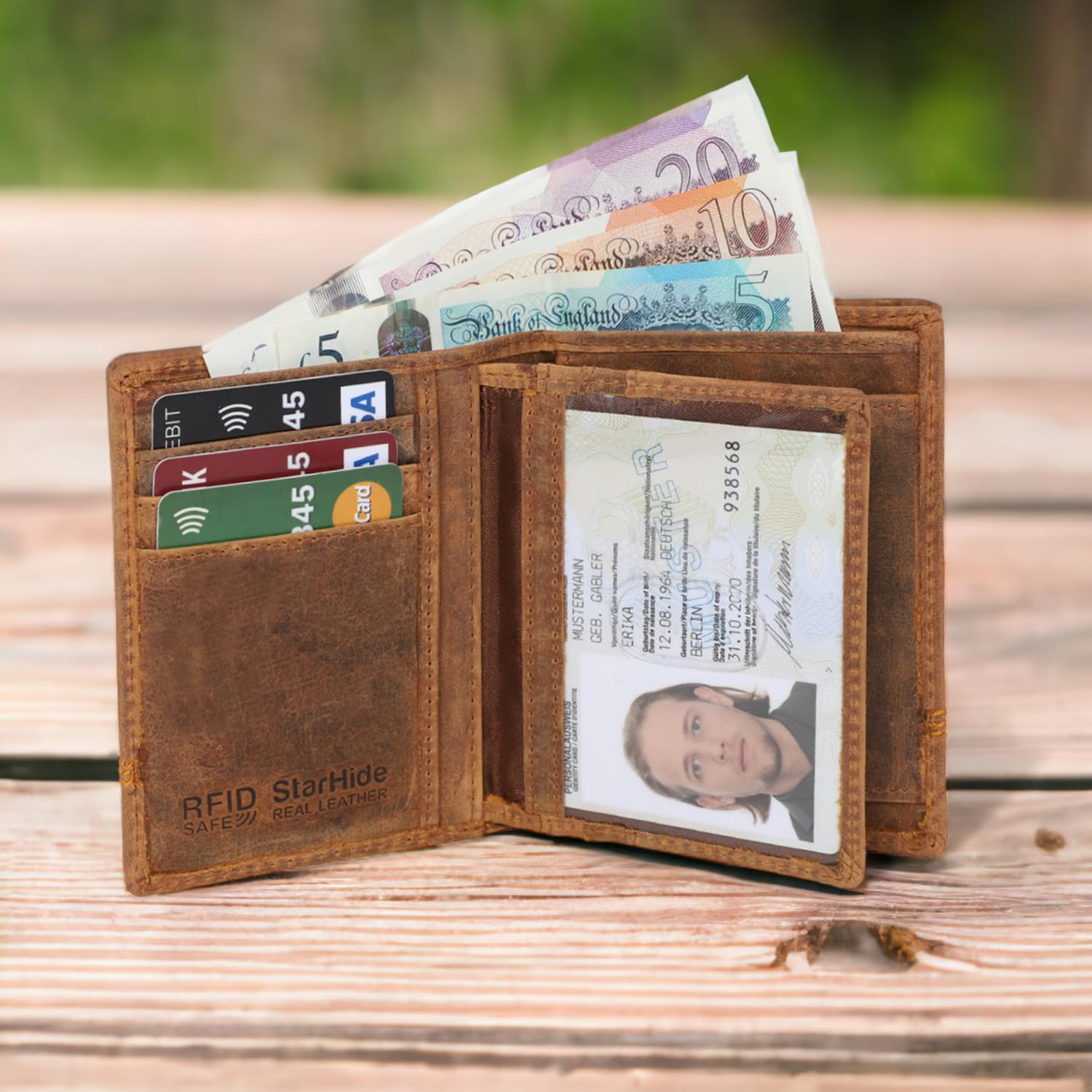 STARHIDE Men Brown RFID Blocking Wallet Genuine Distressed Hunter Leather Wallet Purse 1195