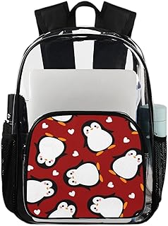 Mochila transparente de coração pinguim fofo, mochila transparente impermeável de pinguim de desenho animado mochila transparente de PVC com alça de ombro reforçada para escola, trabalho, viagens, Multicor