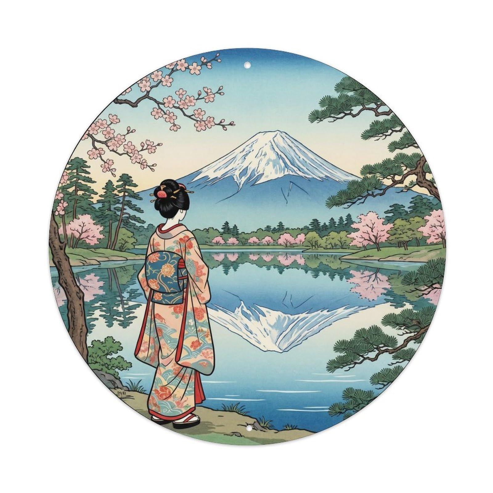 Metal Tin Sign Japanese Fuji Lake Reflection Geisha Scene
