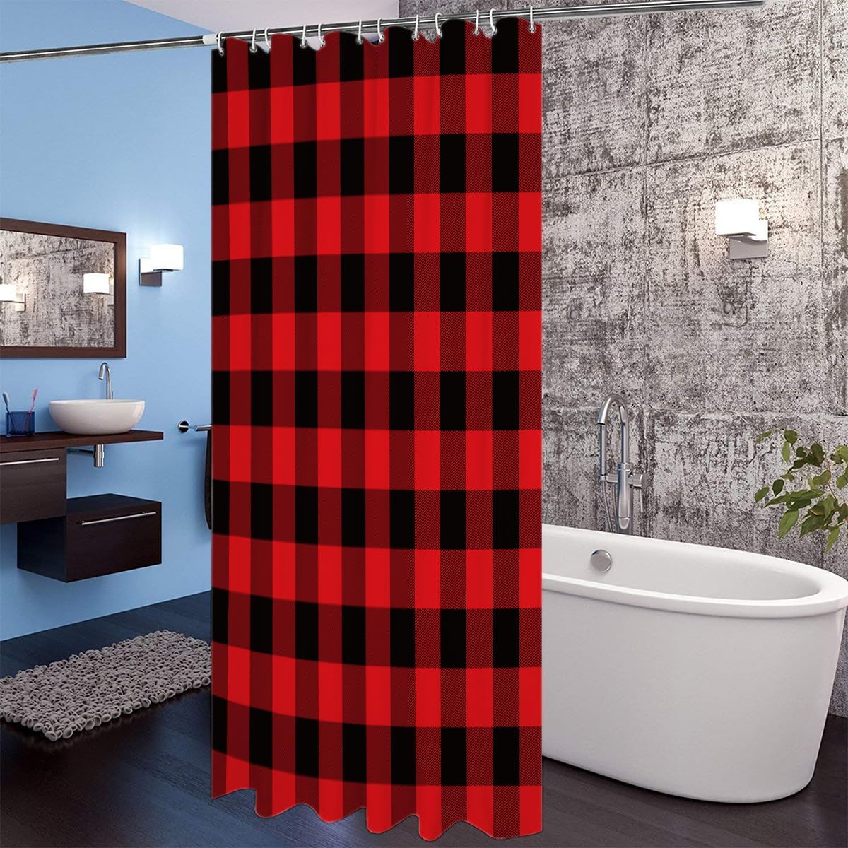 Prime Leader Shower Curtains for Bathroom Sets Red Black Buffalo Check Plaids Christmas Bath Curtain Durable Waterproof Polyester Washable Shower Curtain Bathroom Accessories with Hooks 72" x 72"