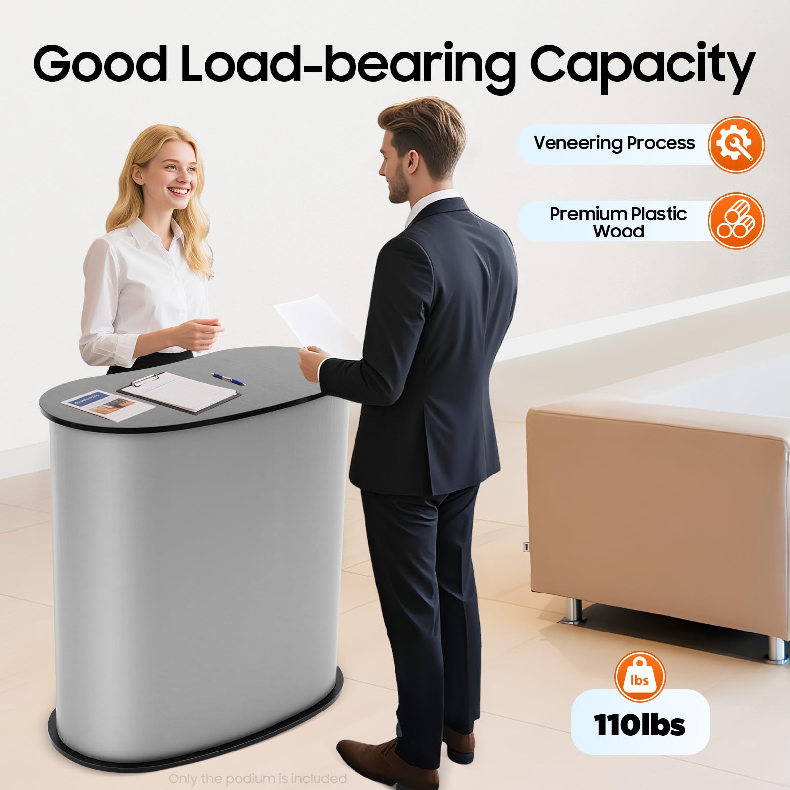 Meseta plegable de recepción, mostrador de mostrador portátil, recepción, 40 x 90 x 90 cm, capacidad de carga de 50 kg, con compartimento de almacenamiento para literatura publicitaria