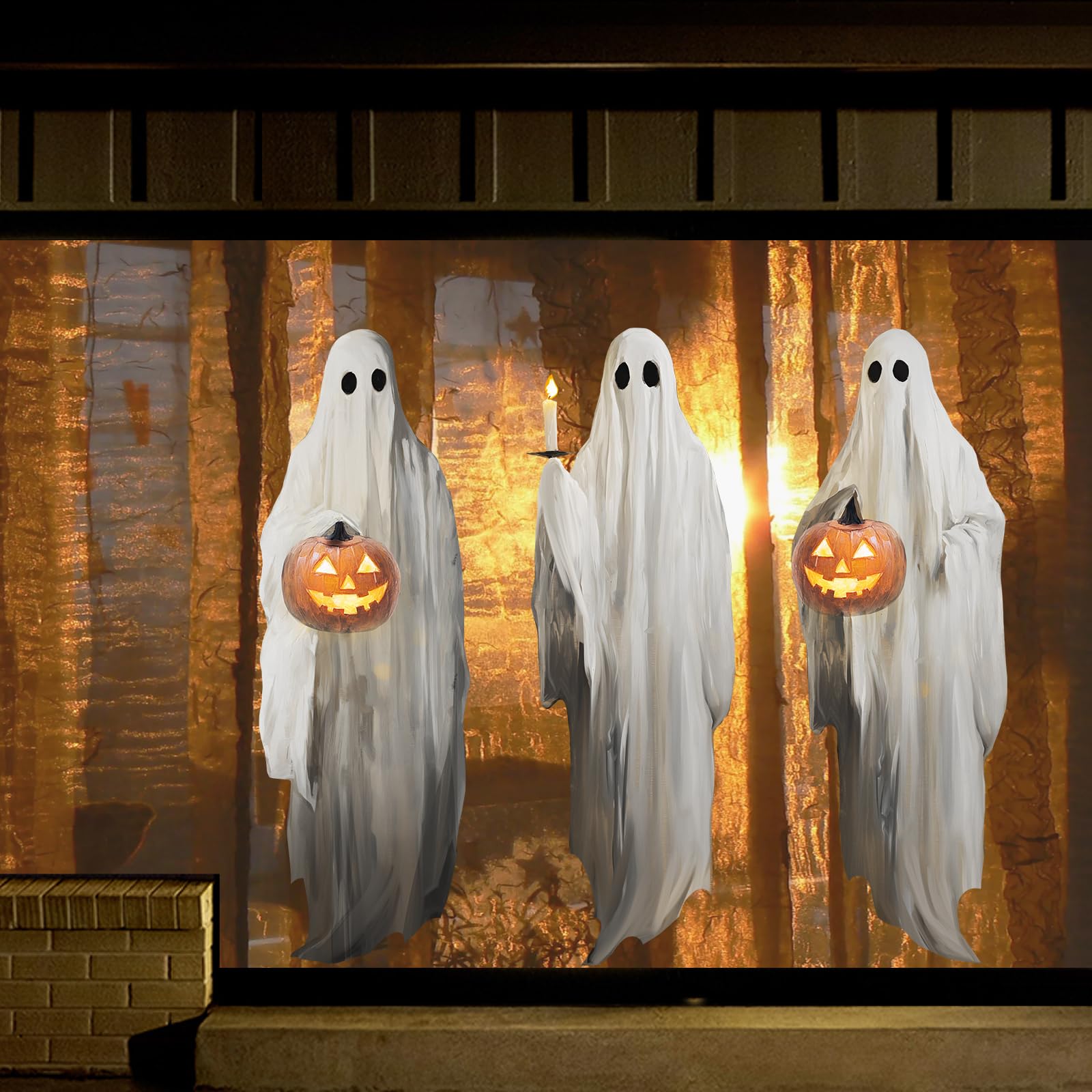 Halloween Decorations Window Clings Decor, 3pcs Extra Large Scary White Ghosts with Pumpkin Lantern Halloween Window Decals Indoor, Creppy School Home Office Party Supplies for Glass Windows, 3 Sheets