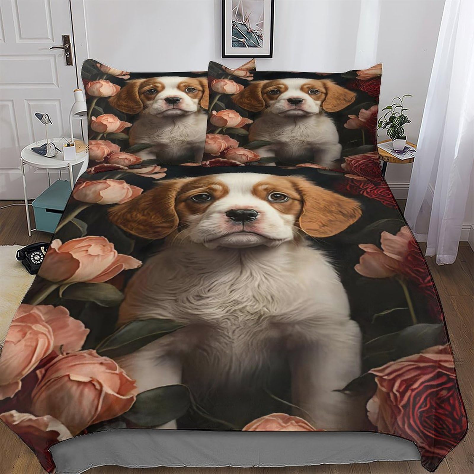 Housse de couette motif chien et roses pour une ambiance cocooning dans la chambre