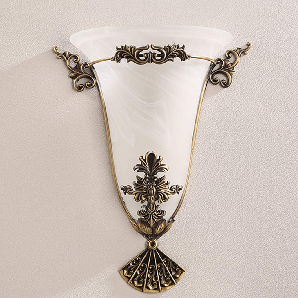 Vintage Wandleuchte Messing, Landhaus Innen Wandlampe mit weiße Glasschirm, 6W Treppenhaus Wandbeleuchtung Warmweiß Flurlampe in Antik-Finish, E27 Fassung, Schlafzimmer Wohnzimmer Deko,C