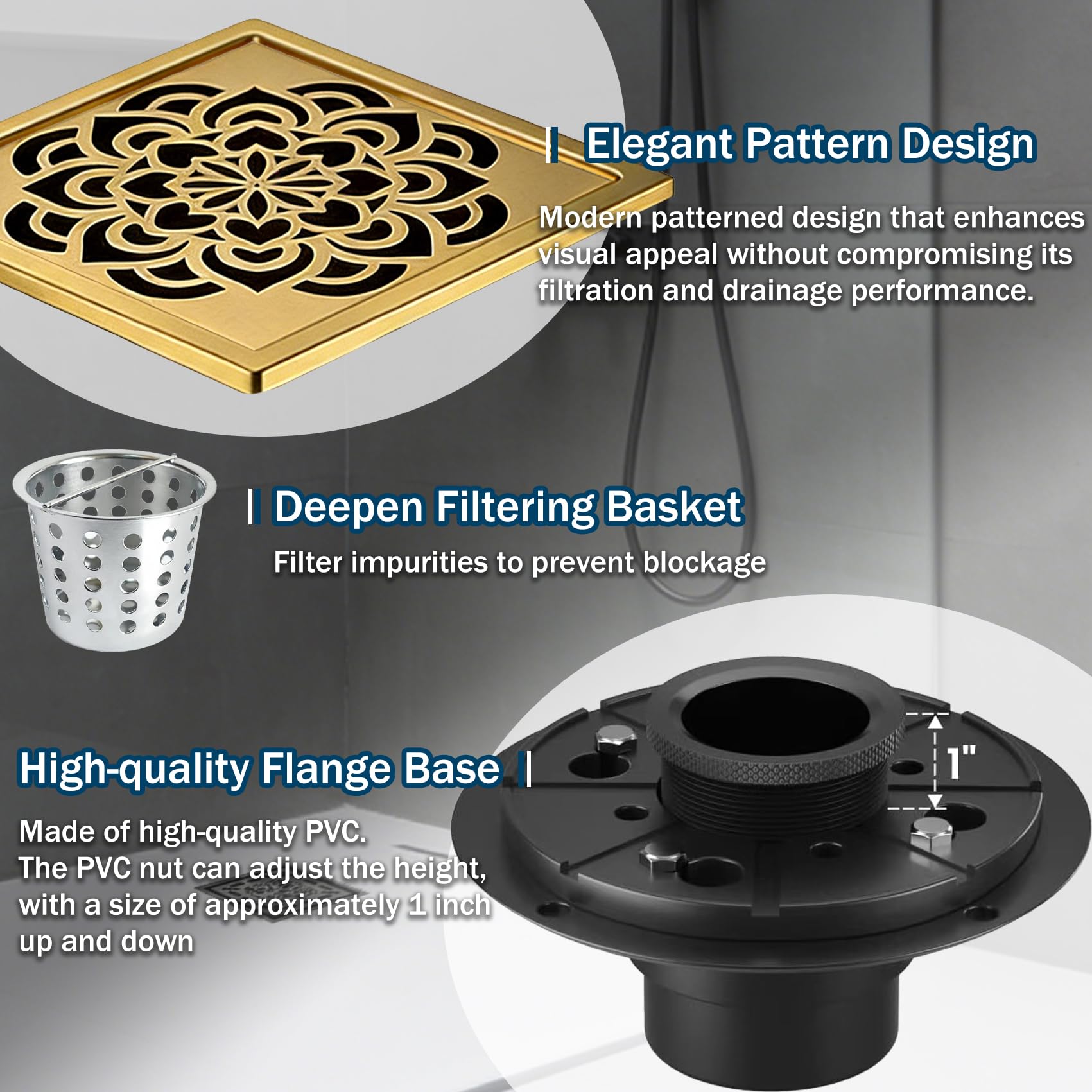 6 Inch Shower Drain, Square Shower Floor Drain Kit with Flange and Removable Cover Grate, AISI 304 Stainless Steel, Brushed Gold — view 5