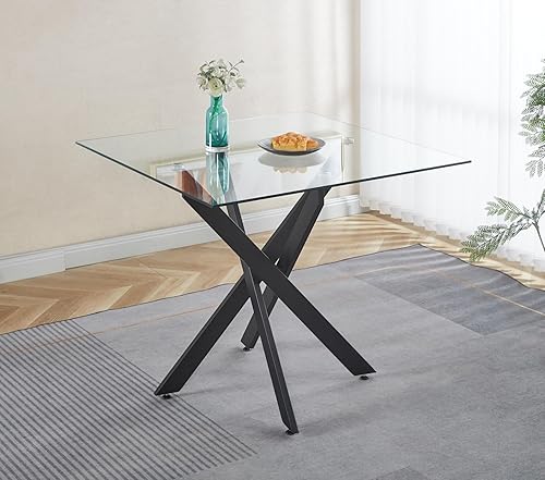 Miniatura 29 de Mesa de comedor redonda de vidrio de 36 pulgadas para 2-4 personas, patas de metal negro resistentes, mesa de cocina redonda de vidrio para