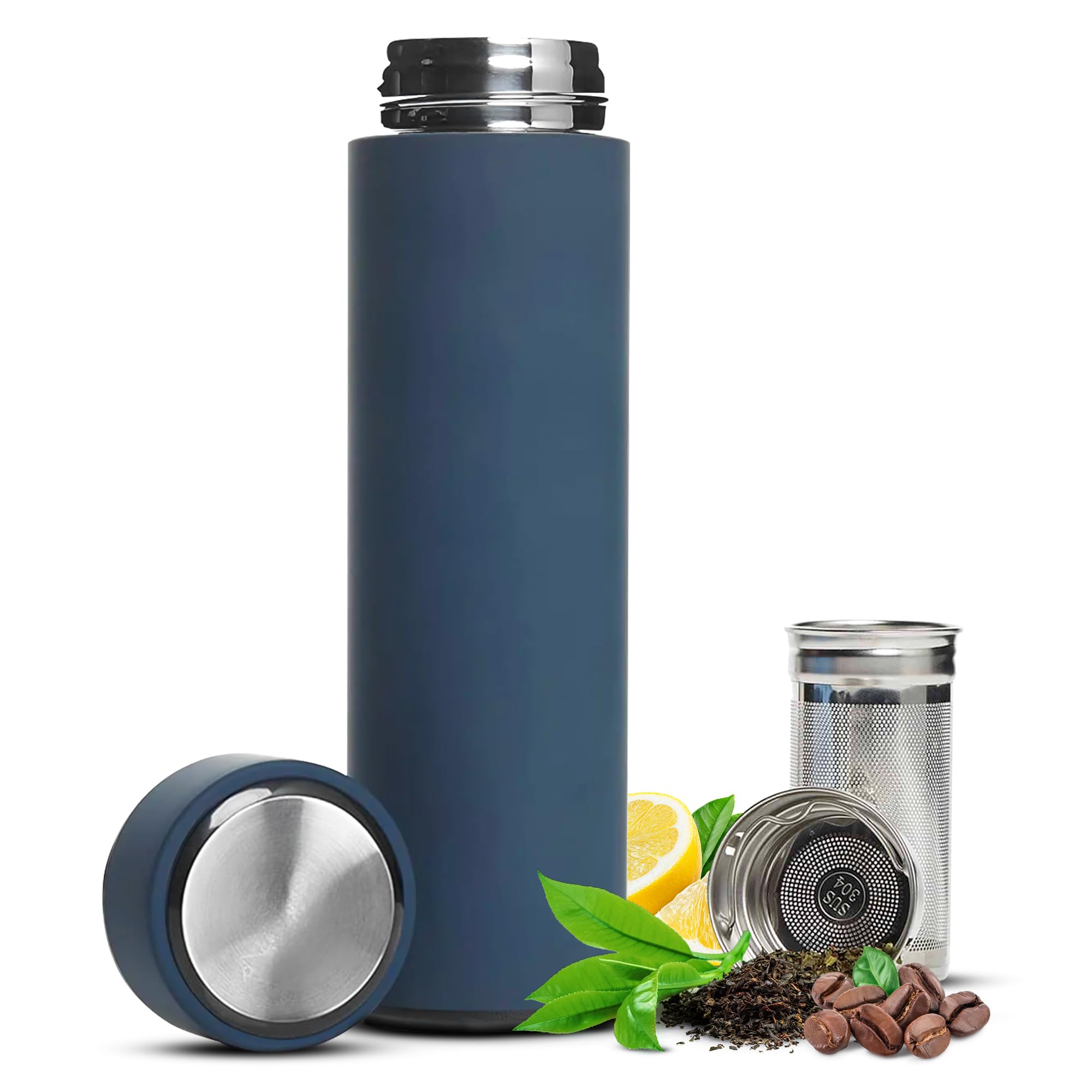 AVARO All-in-One Tea Thermos with Infuser for Loose Tea, Coffee, Fruit-Infused Water (Hot/Cold) - 16.9oz Insulated Stainless Steel Coffee Travel Mug,