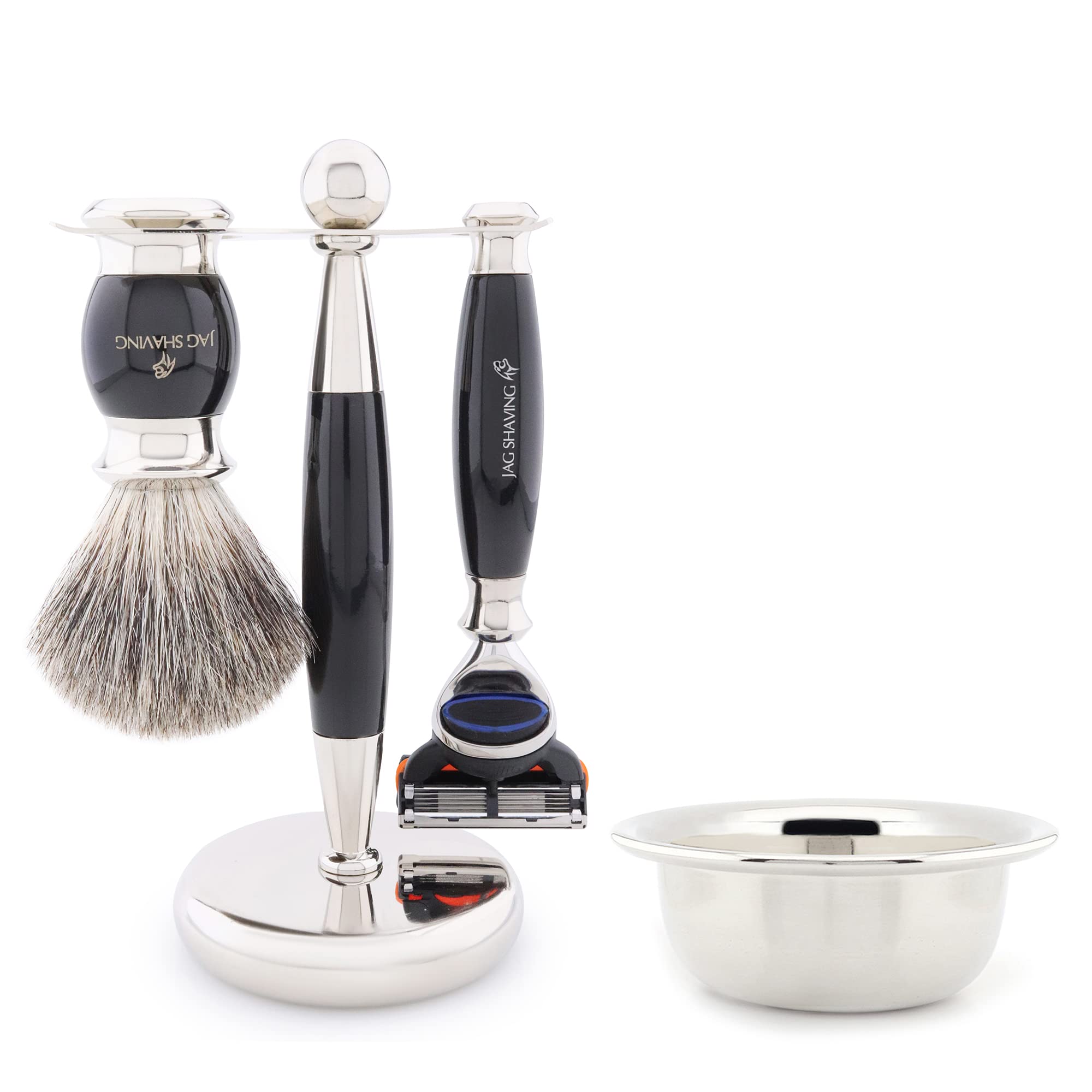 Jag Shaving Zestaw do golenia – 4-częściowy zestaw do golenia – JAG's LEE Range – pędzel do golenia z włosia borsuczego – 5-krawędziowe ostrza do golenia – stojak do golenia – czarny zestaw upominkowy