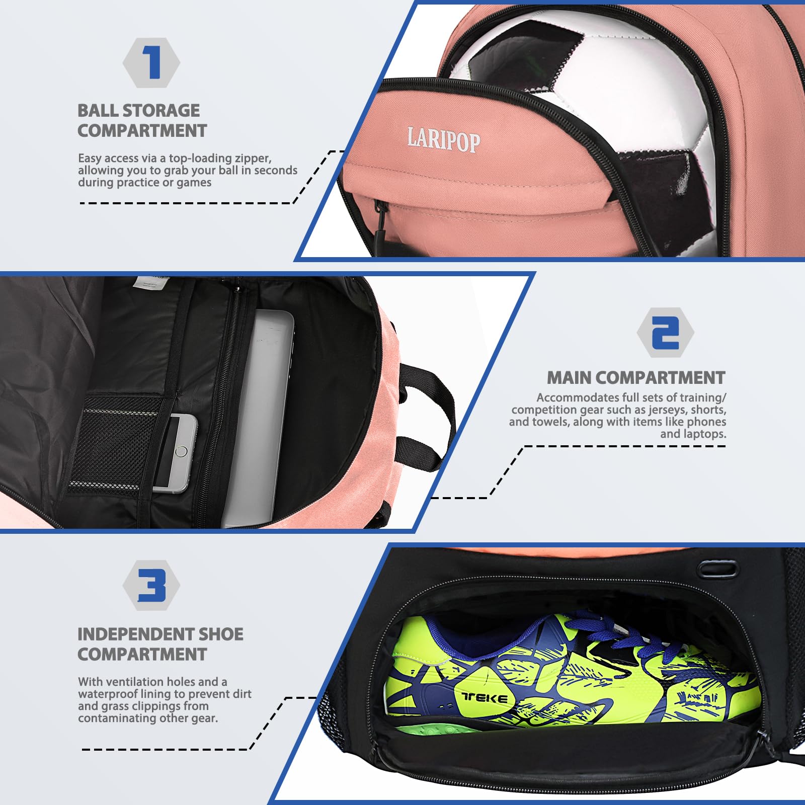 LARIPOP Fußball-Rucksack, Fußballtasche mit Ballhalter und Schuhfach, Sportausrüstung, Trainingstasche für Basketball