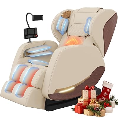 2025 Massage Chair, Massage Chairs Full Body and Recliner with 10 Fixed Points, Zero Gravity, Wood Grain Leather, Foot Massage, Airbags, Lumbar Heating, Bluetooth and Control Screen (Creamy White)