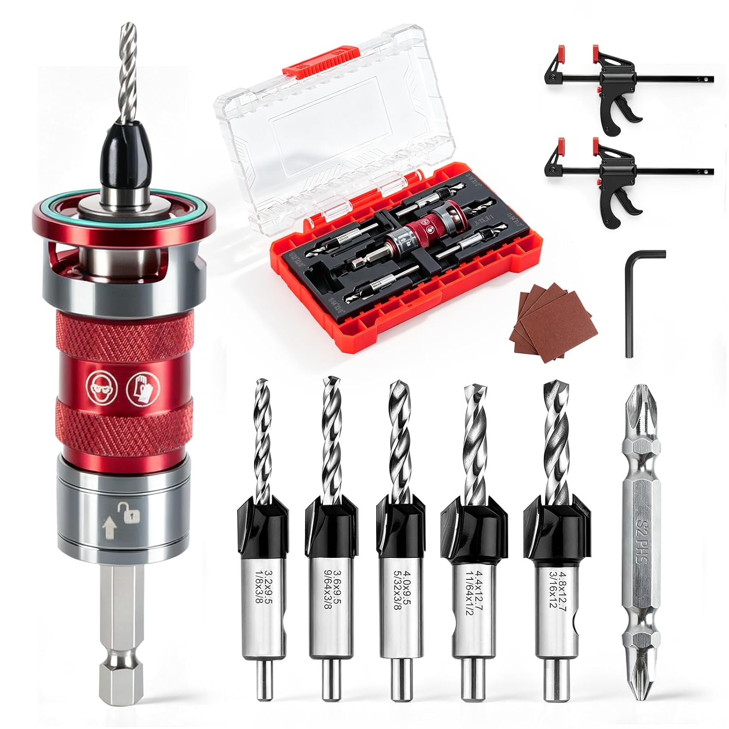 14 Pcs Countersink Drill Bit Set, self-Locking Device Quick-Adjust | 5PCS TCT Cutters with HSS Bit Counter Sink Drill Bit for Wood , Aluminum Stop Ring, L-Wrench, S2 PH2 Bit, Sandpaper& Clamps
