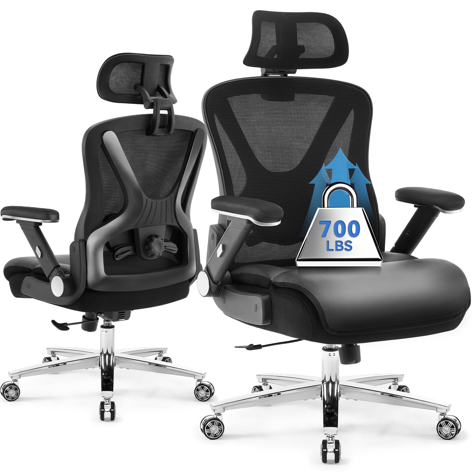 700lbs Ergonomic Office Chair,Upgrade Big and Tall Office Chairs for Heavy People,Mesh High Back Desk Chair with 5D Flip Arms Large Wheels,Adjustable Headrest & Lumbar Support,Wide Executive Chairs
