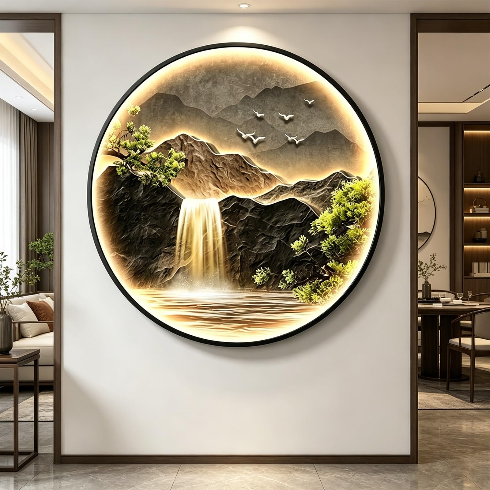Round Mountain Waterfall Crystal Glass Wall Art, 3D LED Backlit Landscape Painting with Aluminum Alloy Frame Plug in Lighted Decor for Living Room Bedroom Entrance(Gold,A,70*70cm/27.6*27.6in)