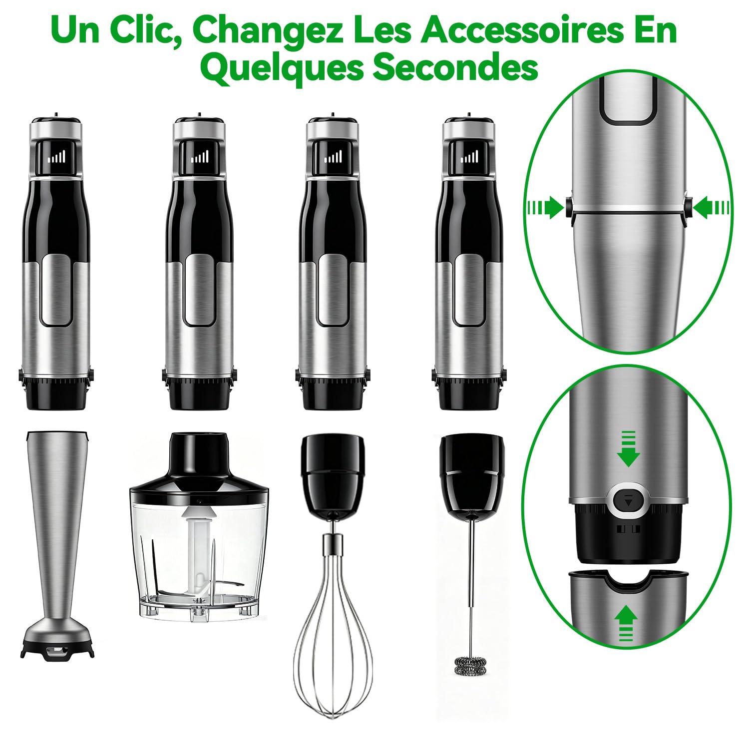BESROY Mixeur Plongeant 5 en 1, 1100W, Vitesse Progressive, Lames Inox & Protection Anti-rayures, Hachoir Électrique, Fouet, Mousseur à Lait, Verre Doseur, pour Soupe, Smoothie, Purée