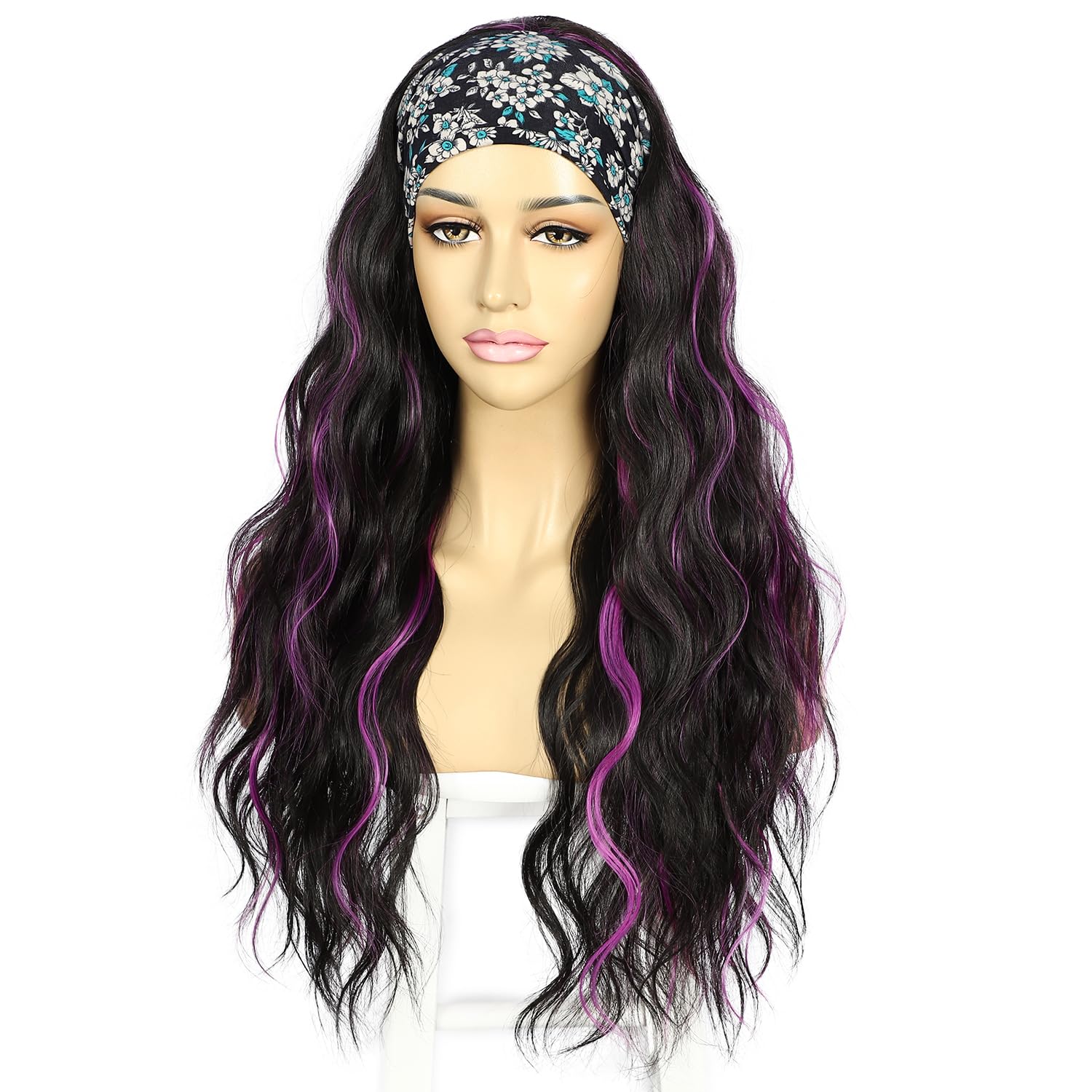 Sapphirewigs Body Wave Headband Wig Black Highlights Violet Synthetic Long Wavy Wigs for Women Glueless Hair Natural Looking 150% Density 26 inch - Image 4