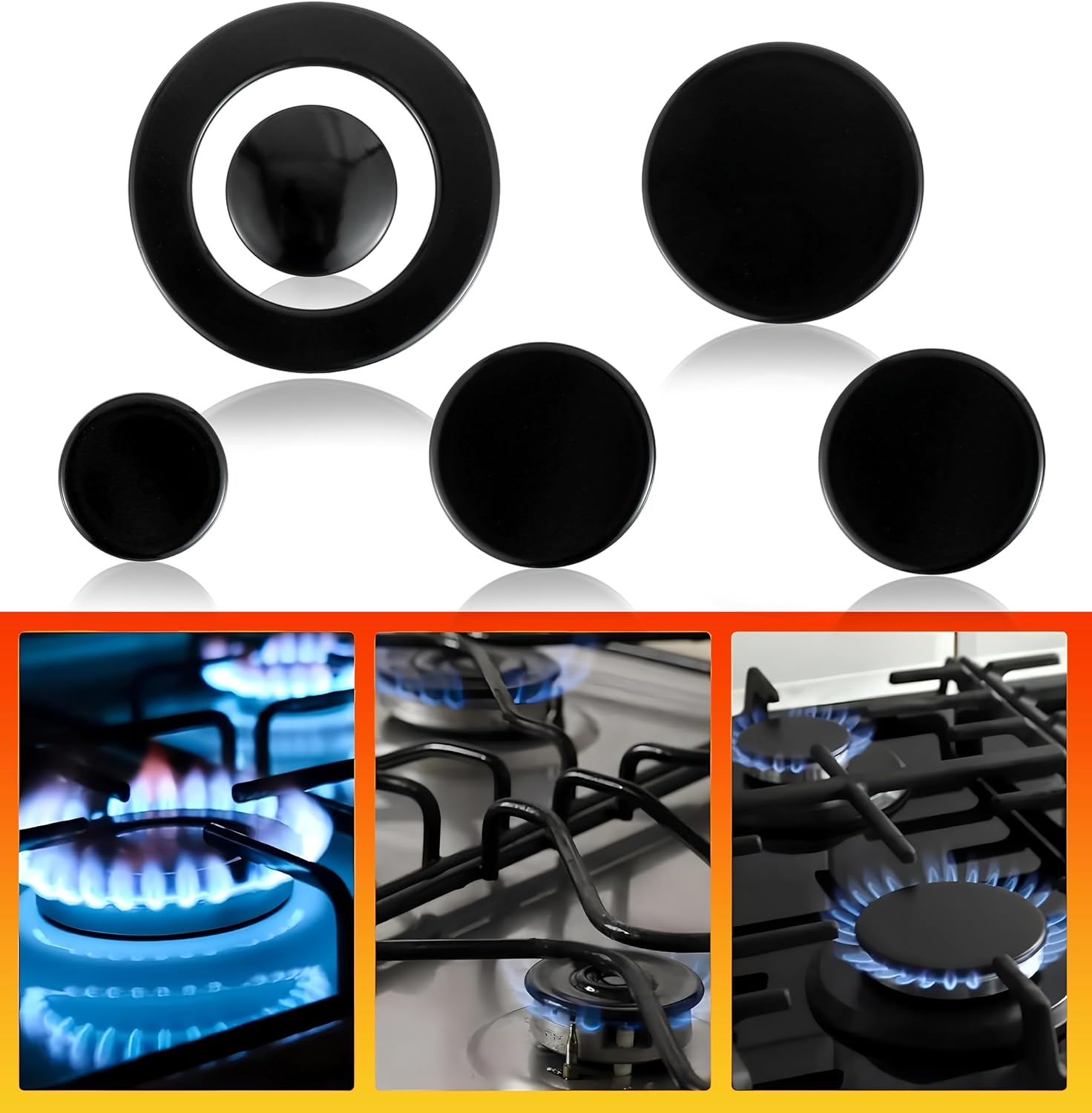 Upgraded Gas Stove Burner Cap Set - 6 Piece Metal Cooker Hat Replacement Kit For SABAF Stoves,Oven Gas Hob Burner Crown Flame Cap Cover, Stove Handles Lid Kit (Flat)