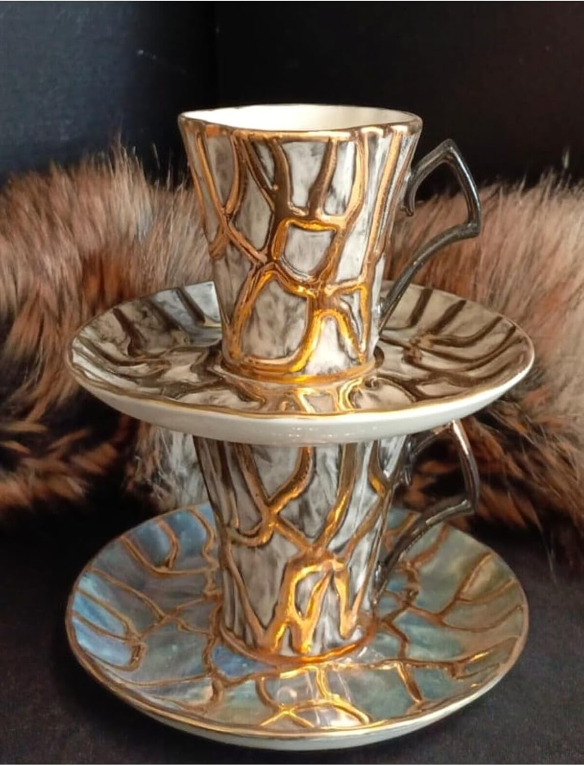 SODEF Coffee Cup Set Porcelain Hand Decorated 2-Piece 85ml Modern Design for Home, Office, Parties - Yellow Accents - Multicolor, One Size