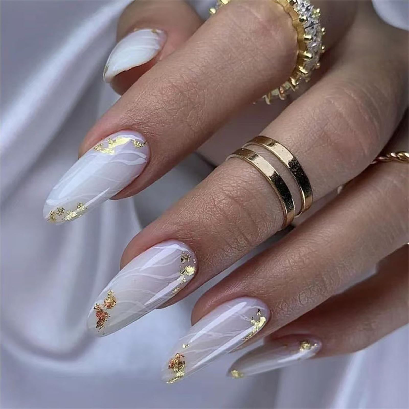 SINHOT Almond Press on Nails Medium Fake Nails Glossy Glue on Nails Marble Ombre Acrylic Nails Stiletto Artificial Nails Gold Foil False Nails with