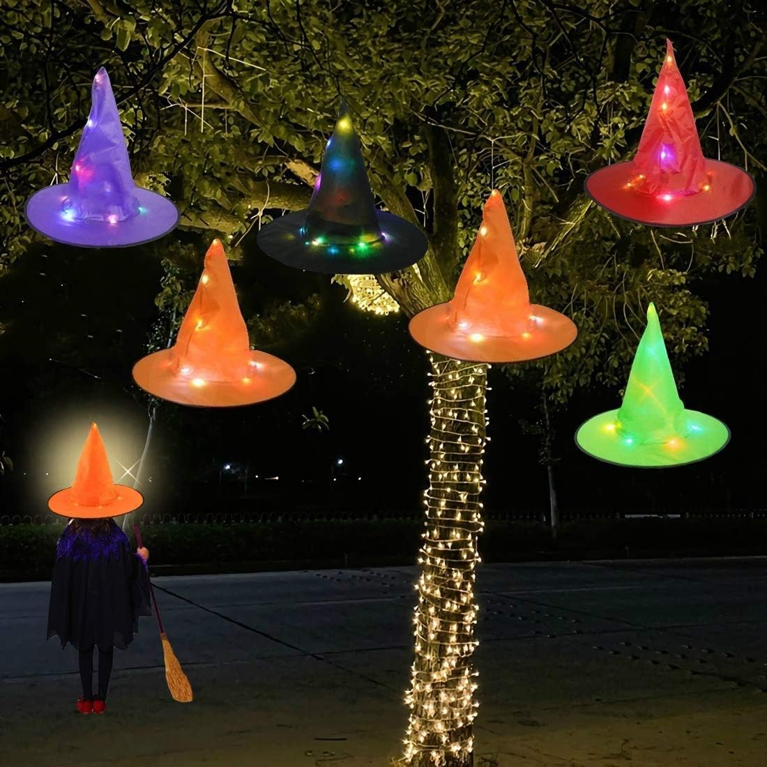 Amazon.com: Hanging Witch Hat Halloween Decorations Witch Hat Outdoor Hanging Lighted Glowing ...
