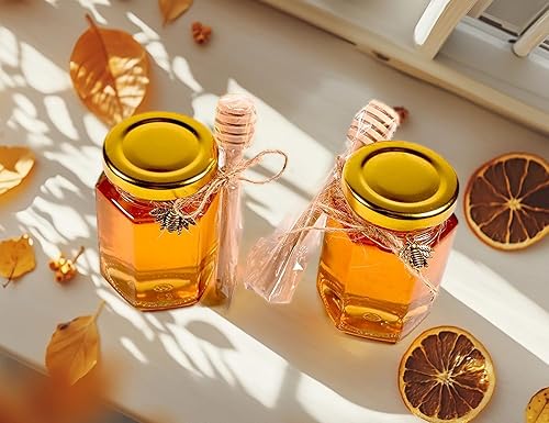 Vista 27 de Pote de miel, tarros de miel de vidrio, pequeños frascos de miel con cubos de madera, abalorios de abeja, bolsas de regalo doradas y tapas de yutes