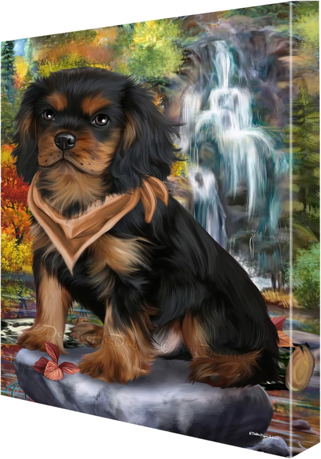 Waterfall with Cavalier King Charles Spaniel Dogs Canvas Wall Art - Premium Quality Ready to Hang Room Decor - Pecan Floating Framed 24" x 24"