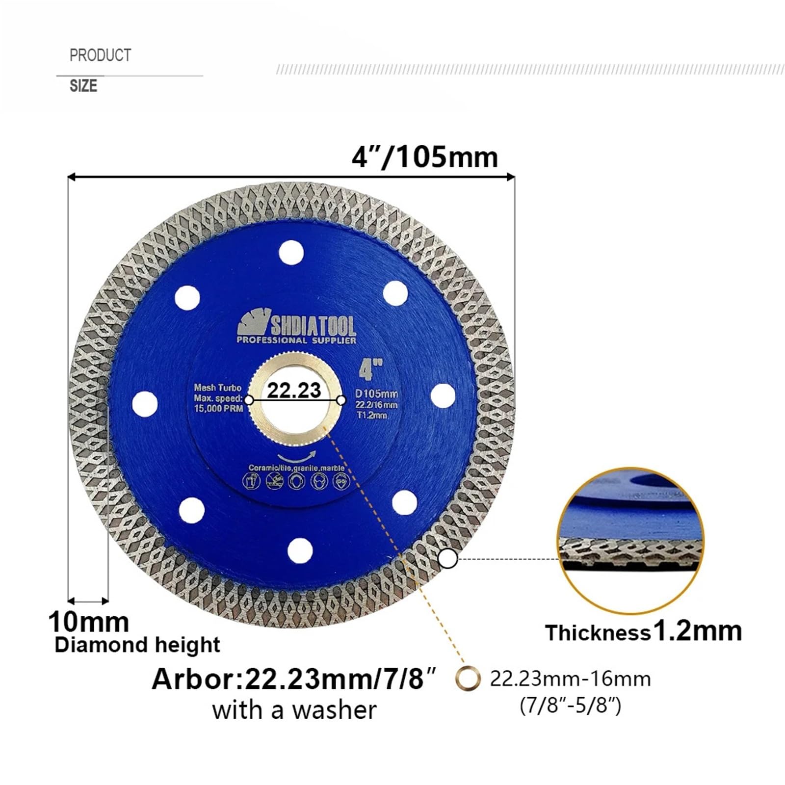 4"/105 mm 4 cale 105 mm 115 mm 5"/125 mm 125 mm tarcza diamentowa Turbo Mesh X do marmuru, ceramiki, porcelany i płytek. (4 cale 105 mm)