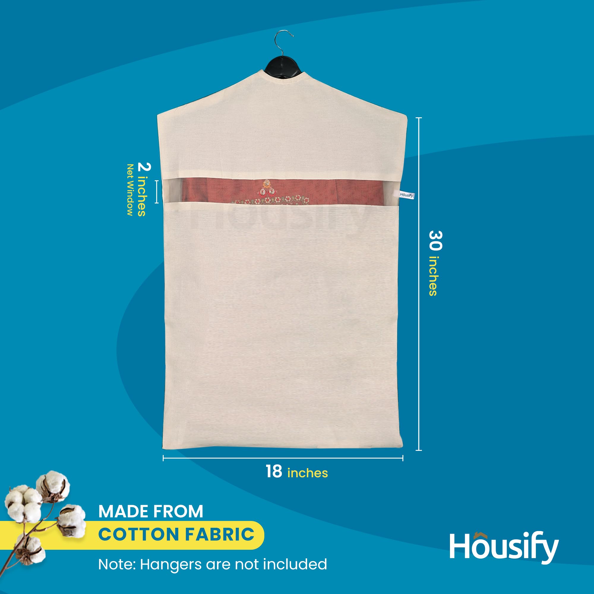 Hanging Cotton Saree Covers with Zip (Set of 12) of 30x 18 (Inches) For saree storage bags | Haniging Cotton Saree Cover/Bags for Saree/clothes (HANGERS ARE NOT INCLUDE WITH SAREE COVER) (12)