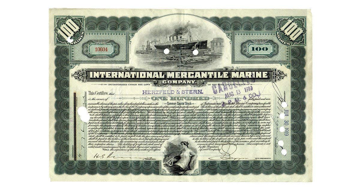 Collectible Stocks Certificate - Company that Made the Titanic "International Mercantile Marine" 1915-20
