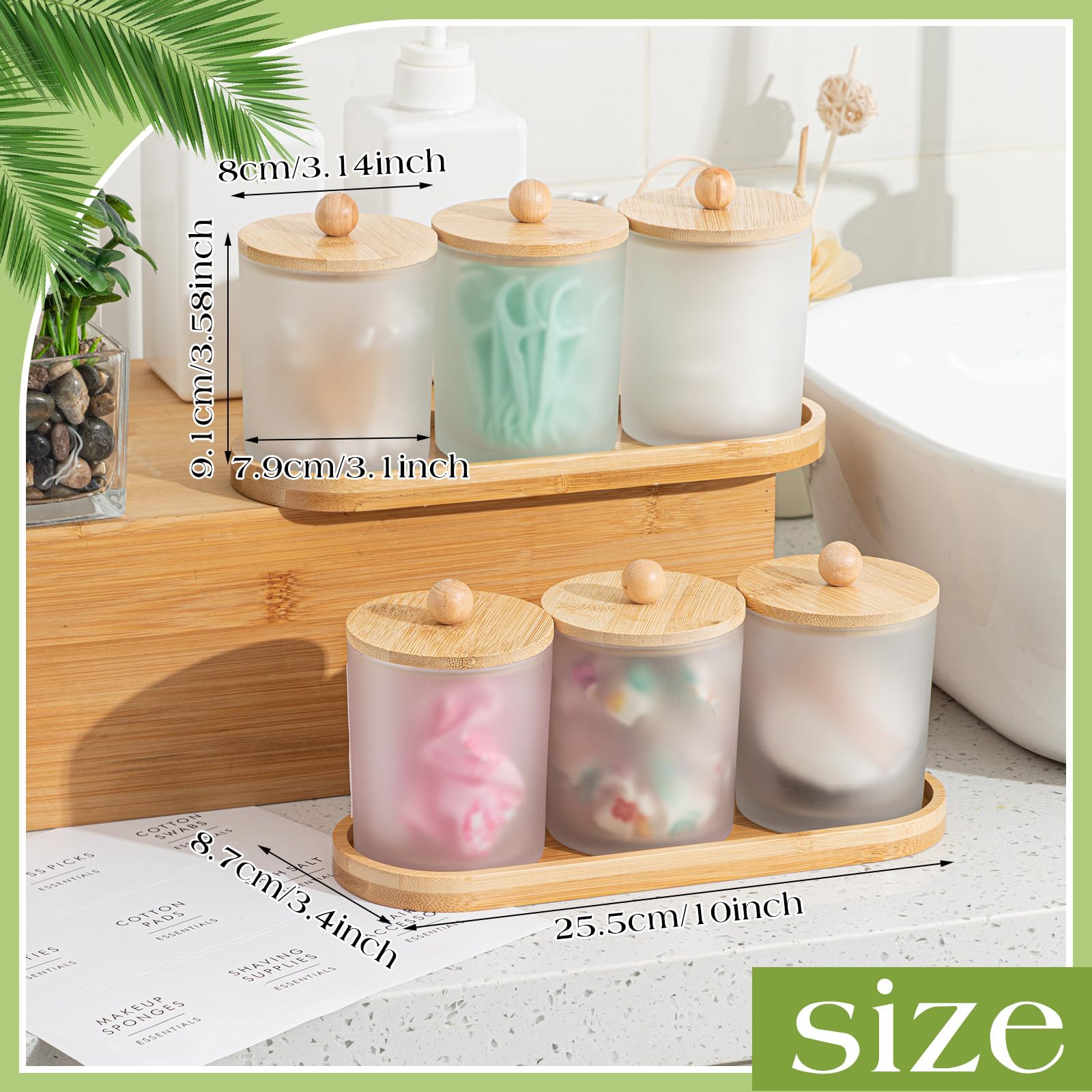 Chengu Wattestäbchenhalter mit Bambusdeckeln und Ablagen und Etiketten, Glas, rund, Wattestäbchenhalter, Glas, Apothekergläser, Zahnseide-Pick-Behälter, Badezimmer-Organizer, Weiß, 6 Stück