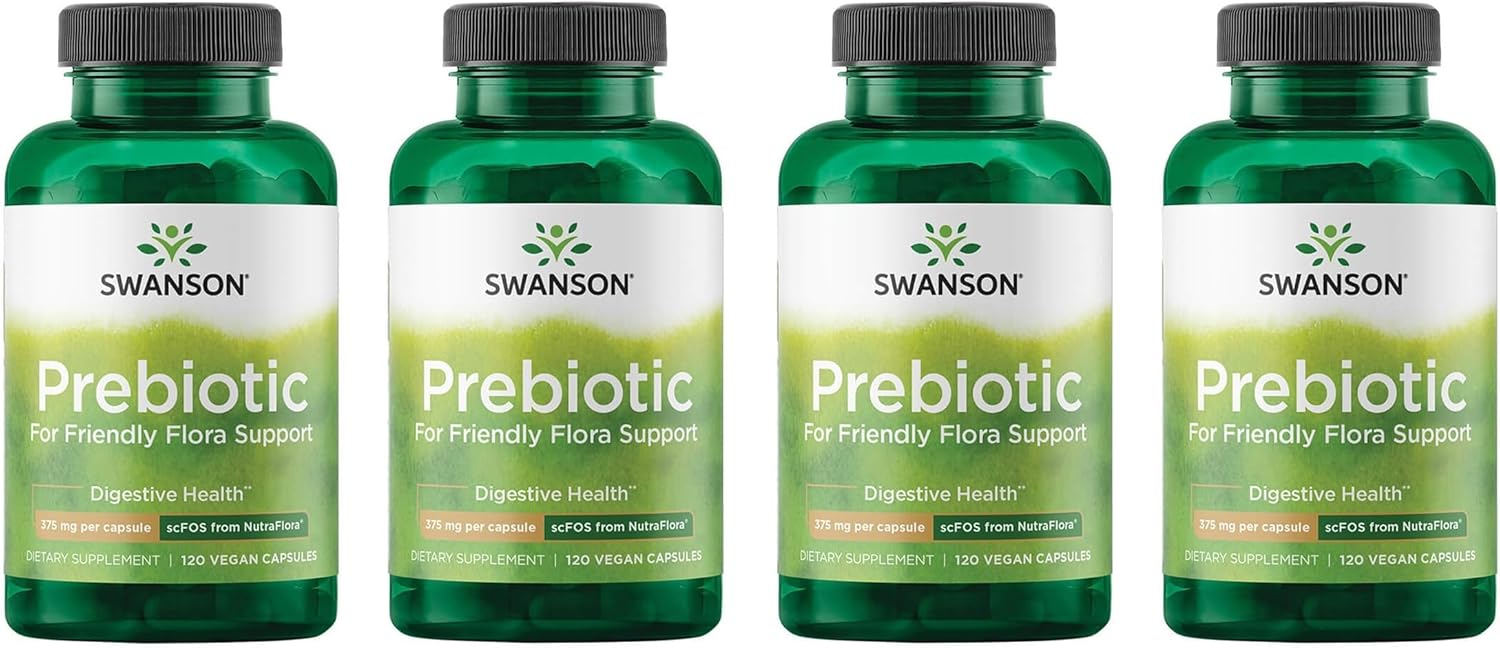 Swanson Prebiotic Fiber Capsules with NutraFlora FOS for Gut-Health-Conscious Adults Seeking Digestive Flora and Immune Support - 750 mg (120 Vegan Capsules, 4 Pack)