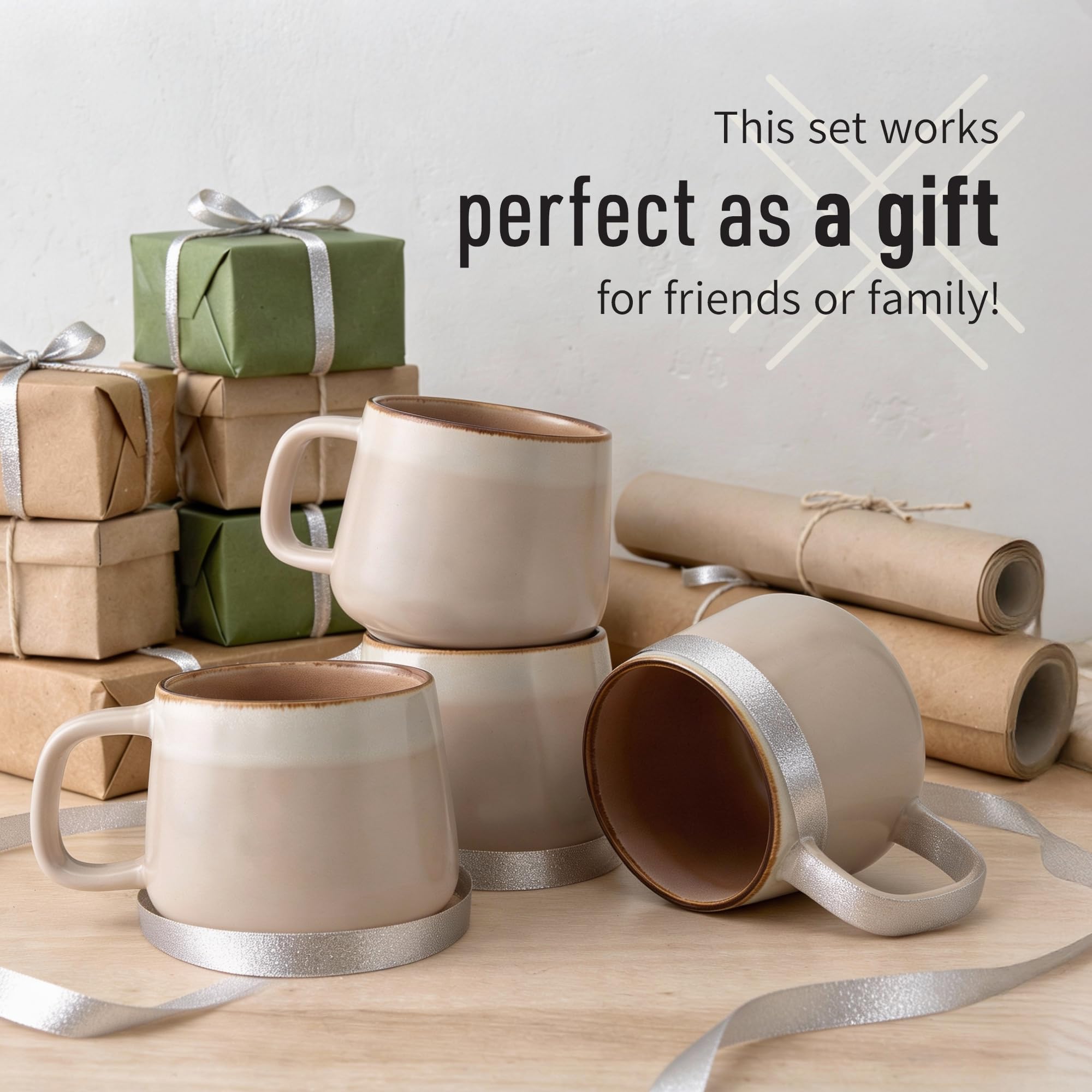 Ava Nord Gres Tazas de Café de Cerámica | Juego de 4 | 340ml | Sable Rose | Sin Plomo, No Tóxico, Microondas y Lavavajillas, Asa Cómoda, Diseño Nórdico Estético para té y Café con Leche Capuchino