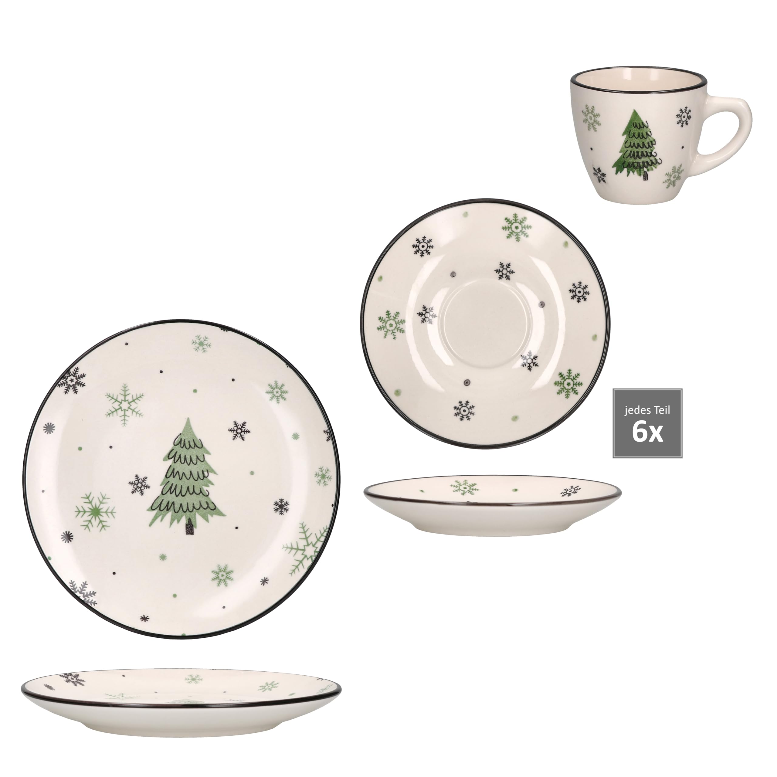 MamboCat Weihnachtsbaum 18tlg Kaffeeservice I Steingut-Kaffeeset für 6 Personen mit Tannenbäumen & Schneeflocken I Je 6x Kaffeetassen 150ml, Untertassen & Kuchenteller für Weihnachten & Nikolaus