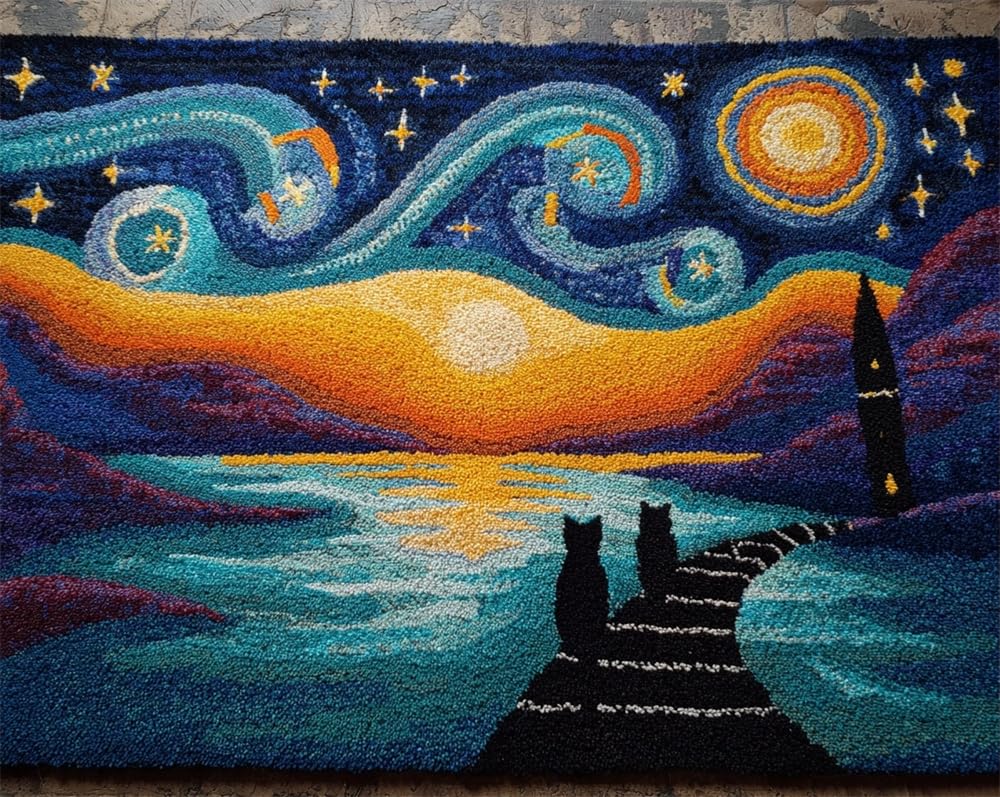 Kitquiver Rug Making Kits for Adults Latch Hook Cats Back Under The Starry Sky Crafts Crochet Yarn with Pre-Printed DIY Handmade Embroidery Needlework for Home Decoration 39X55In