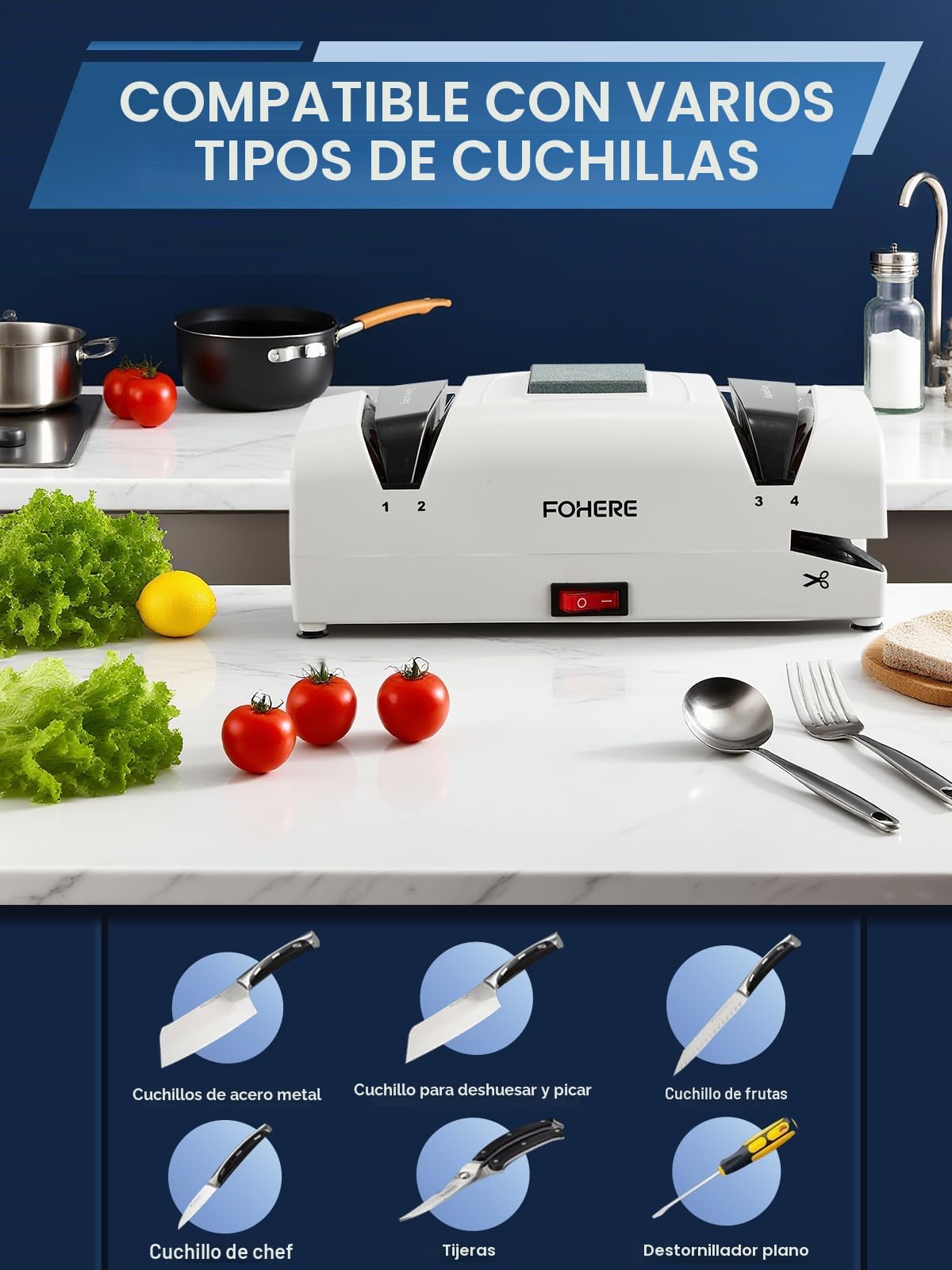 Afilador de Cuchillos Eléctrico 5 in 1, Profesional 15 grados, 2 Magnetischen Chipsammlern, 100% Diamant-Schleifmitteln für Doppelter Küchenmessern aus Stahl, Schere, Schlitzschraubendreher