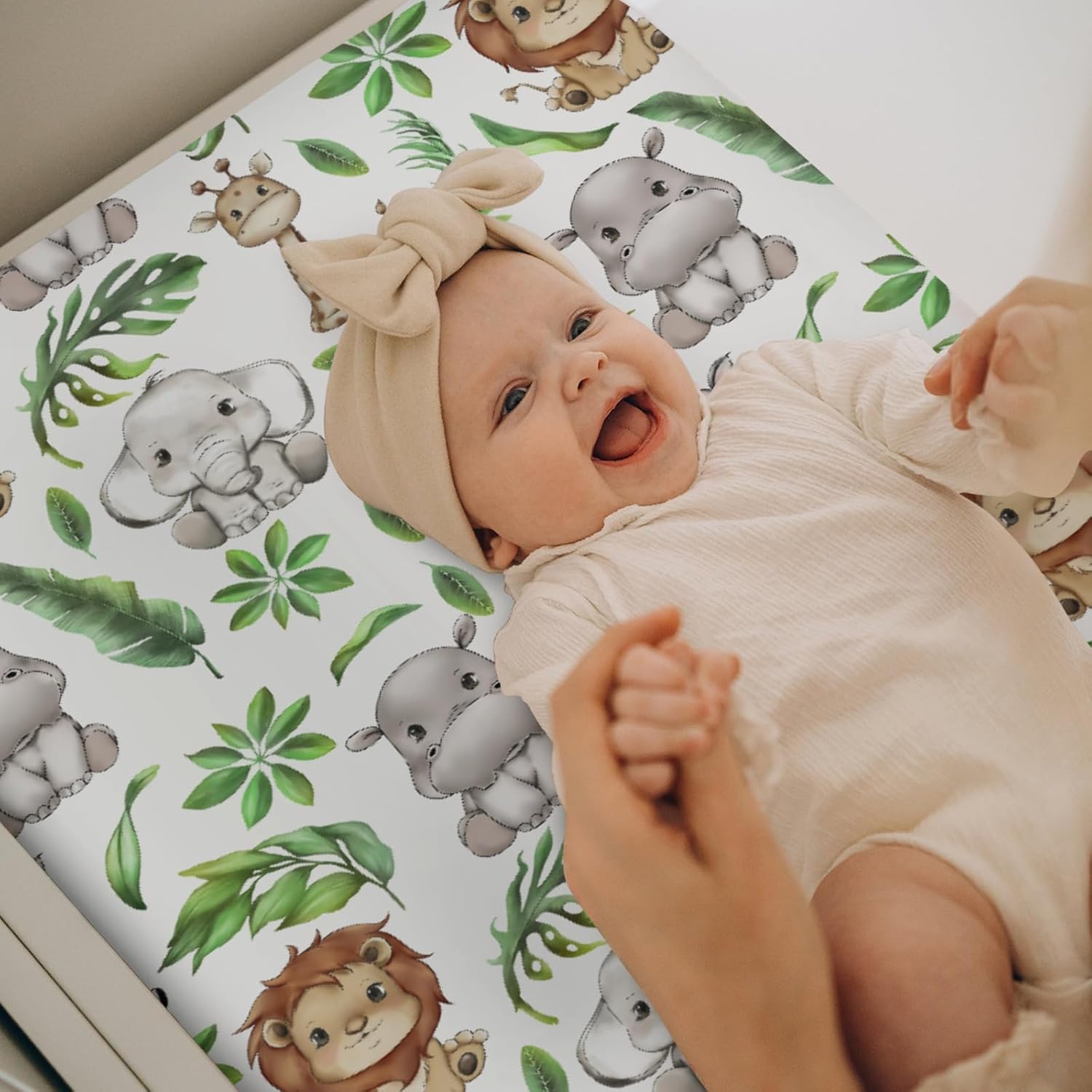 Jungle Safari Tropical Leaves Changing Pad Covers for Baby Girl Boy Lion Elephant Hippo Zebra Giraffe Fitted Change Table Mats African Animal Soft Diaper Change Table Cover Sheets 32''×16''