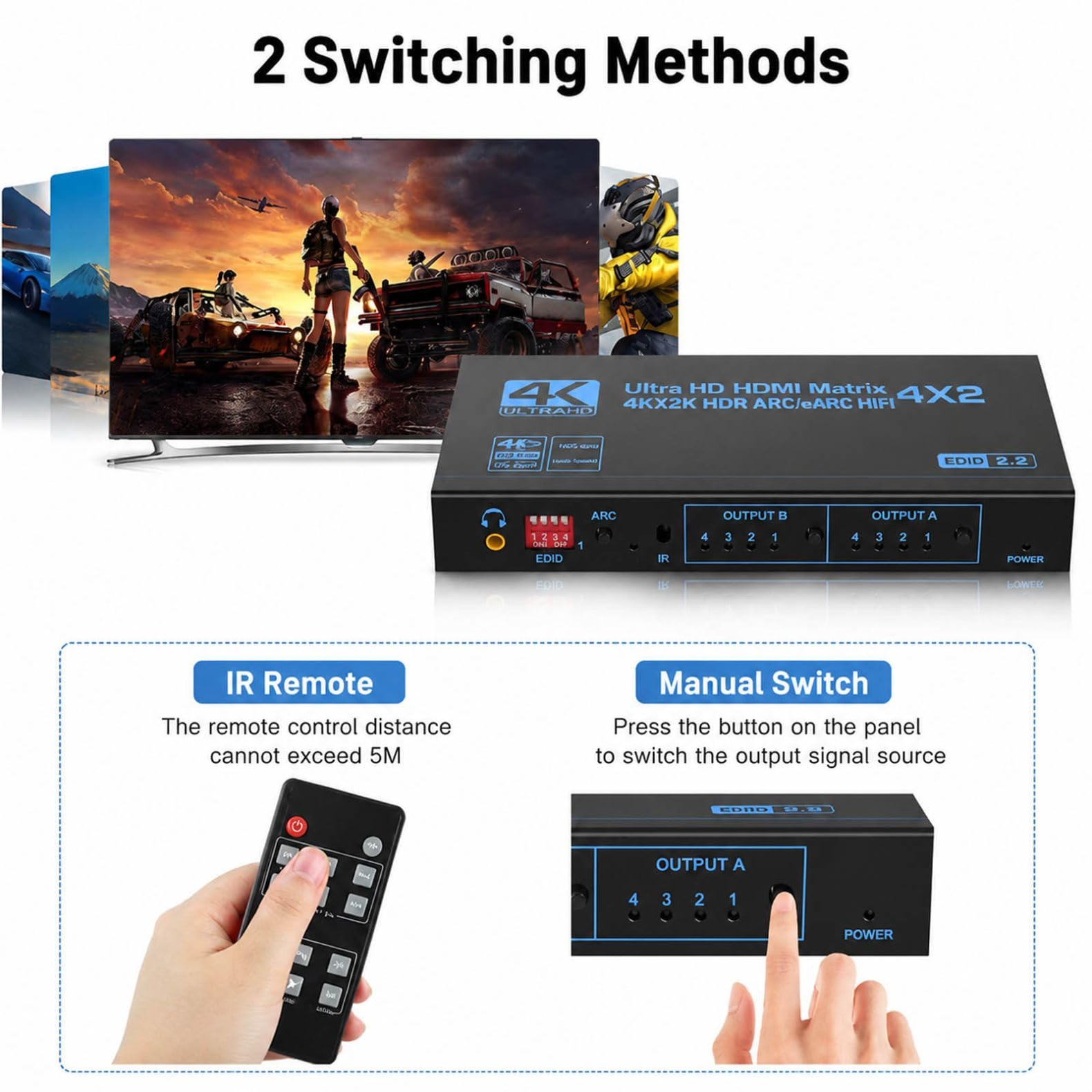 ZEZEFUFU HDMI Matrix Switch Support EDID, 4 in 2 Out 4K HDMI Switcher Splitter con ottica, uscita audio da 3,5 mm e telecomando