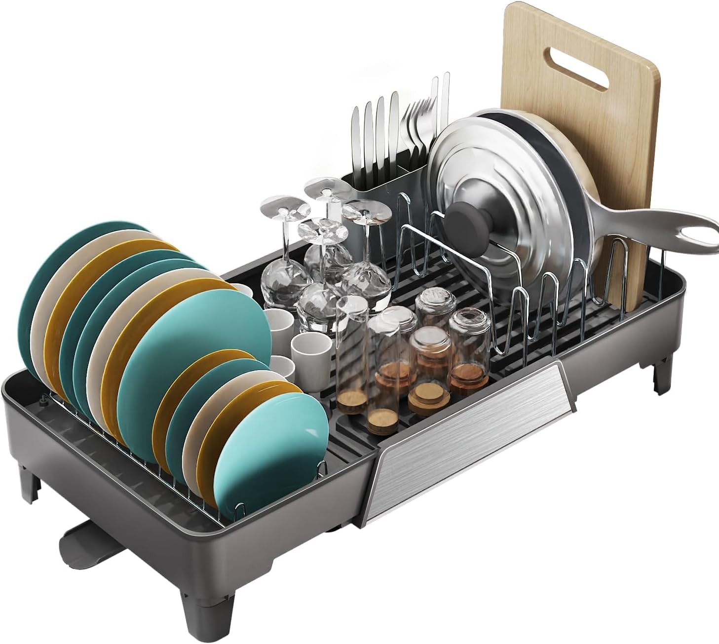 Large Expandable Dish Drying Rack,Dish Racks for Kitchen Counter,Space Saving & Rust Resistant Dish Drainer with Removable 360°Rotatable Drainboard & Utensil Holder,Adjustable Length 16.4 to 24.4 In