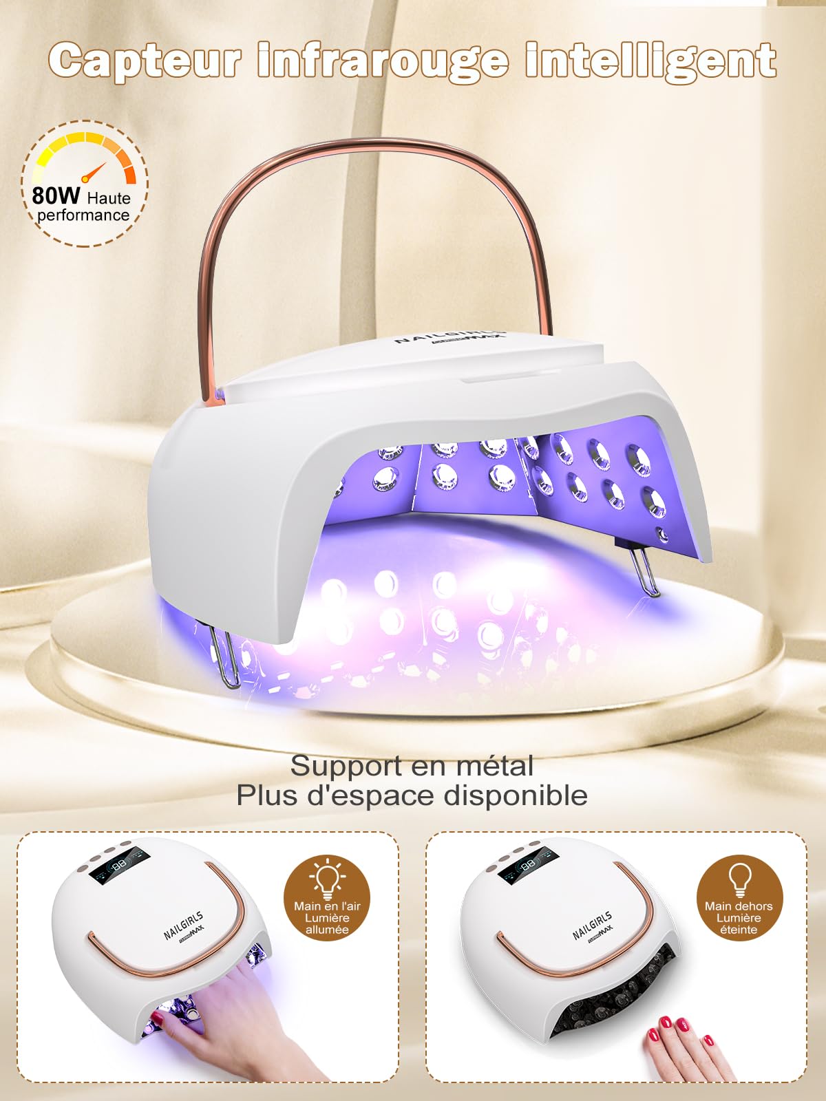 NAILGIRLS Lámpara de uñas recargable de 80 W, lámpara UV para uñas de gel, 4 temporizadores, espaciosa, placa base de metal extraíble, lámpara UV, secador de uñas, lámpara LED UV para técnicos