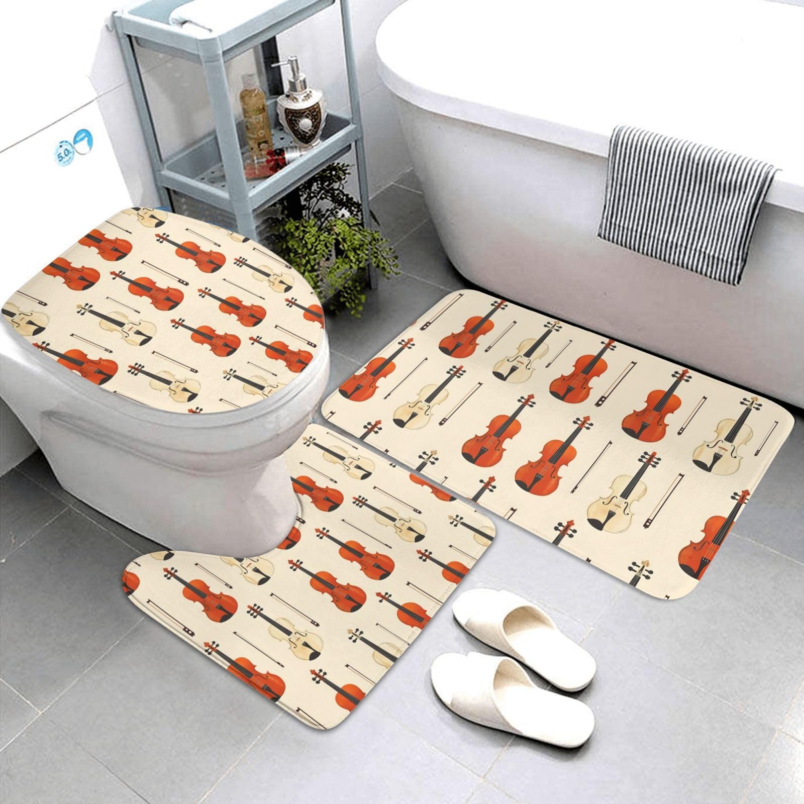 Tapis de salle de bain antidérapant et absorbant avec contour WC motif vintage 3 pièces