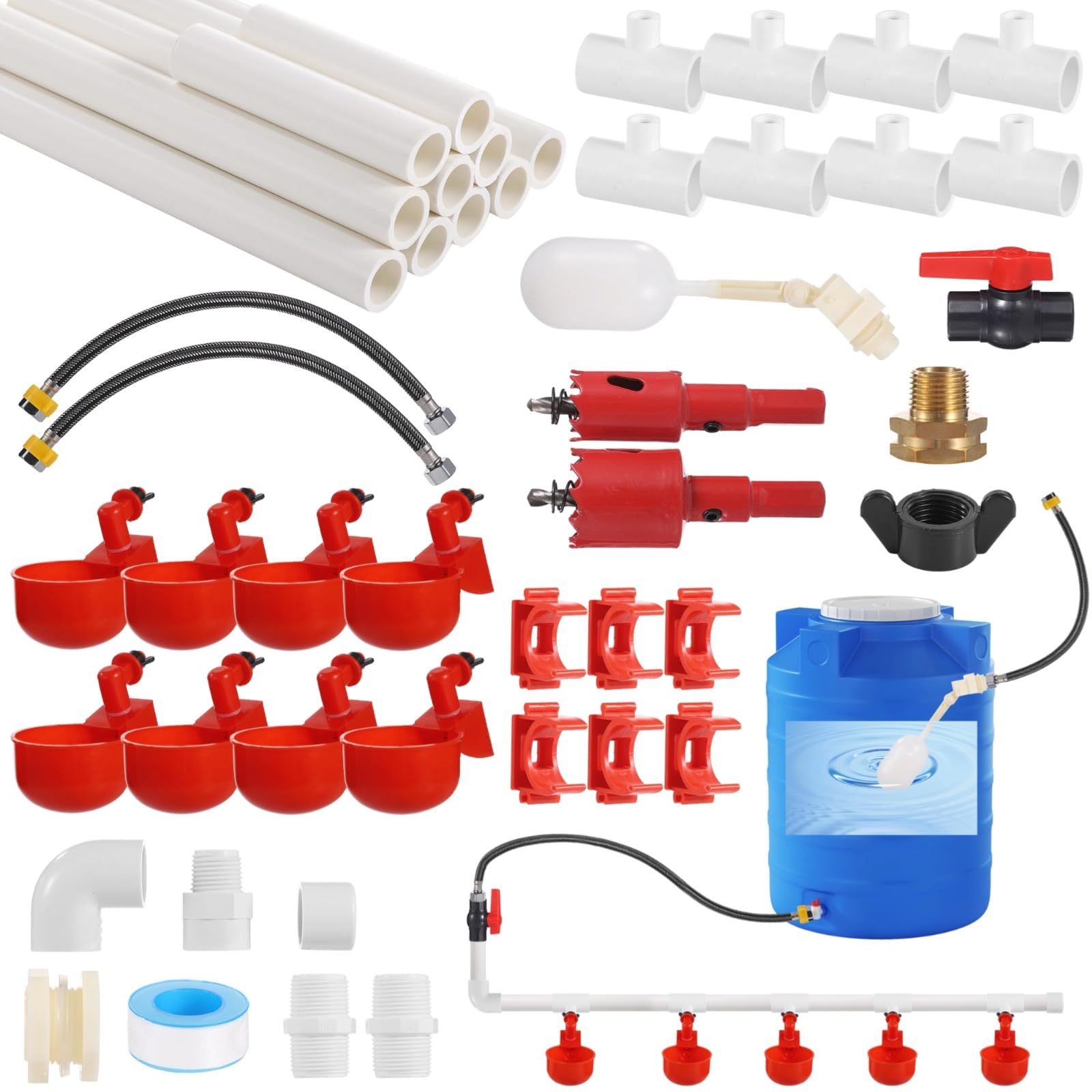 Sistema di irrigazione automatico per polli, kit completo con tubo in PVC, tubi da giardino, coppa dell'acqua a prova di perdite, valvola galleggiante