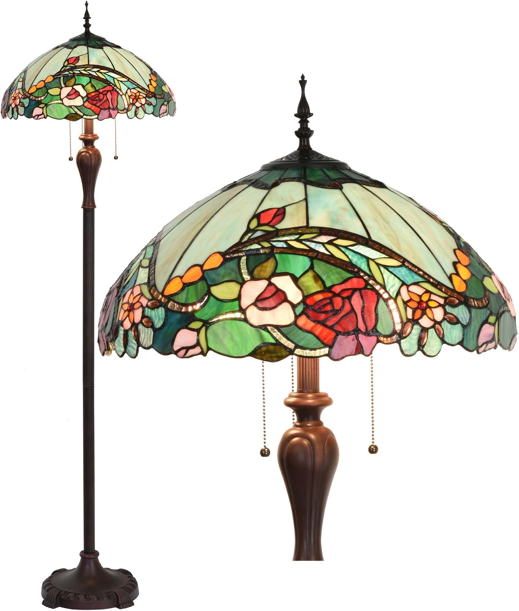 Bieye L30740 Rose Flower Tiffany Style Stained Glass Floor Lamp with 18-inch Wide Shade for Reading Working Bedroom, 3 Lights, 65 inch Tall