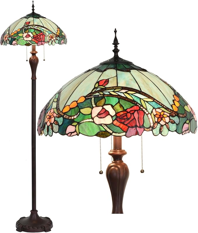 Bieye Bieye L30740 Rose Flower Tiffany-style stained glass floor lamp with 18-inch wide shade for reading, working, bedroom, 3 lights, 65 inches high