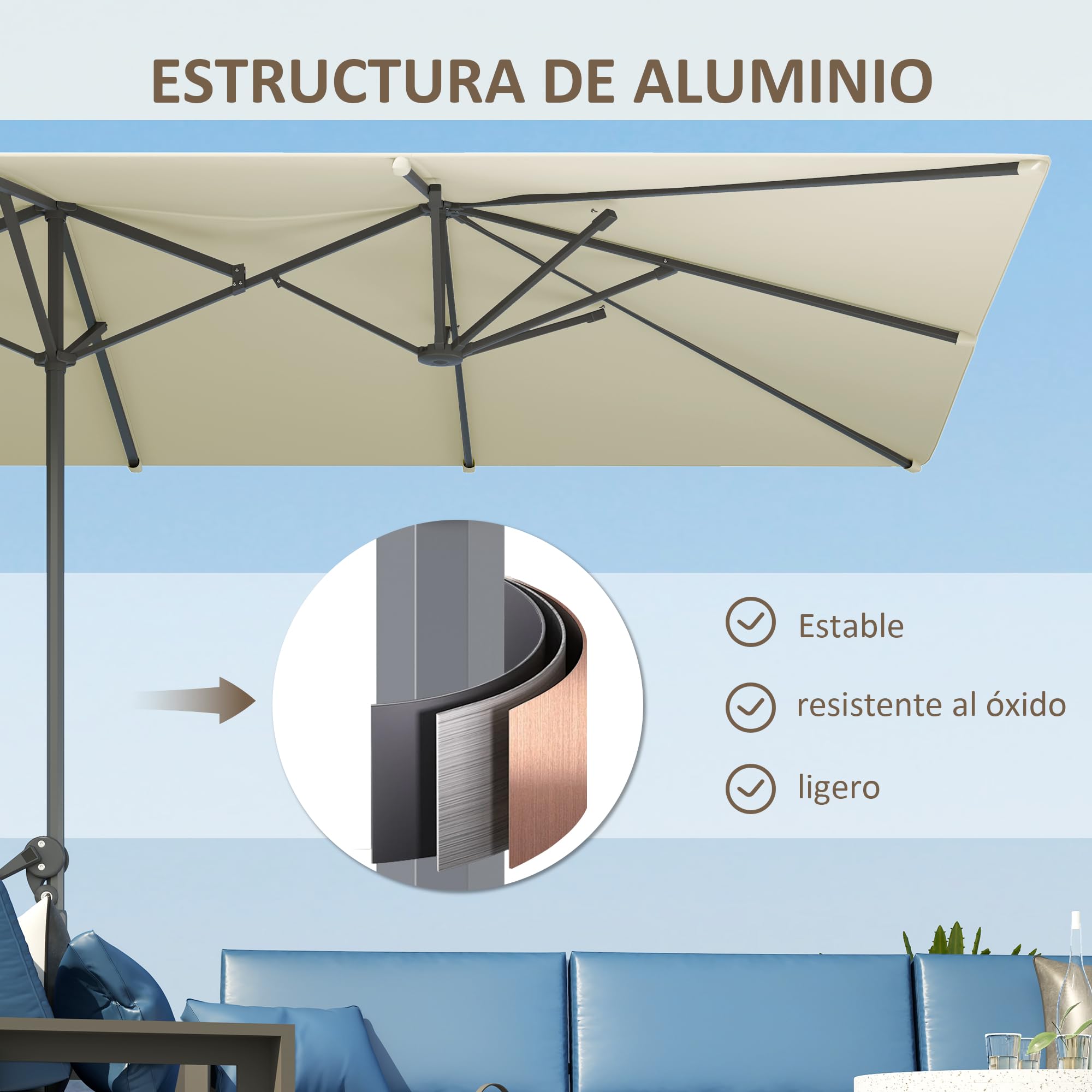 Outsunny Sombrilla Doble 4,5x2,6 m con Poste de Aluminio y Manivela Crema | Impermeable, Protección UV50+, Sombrilla Jardín Exterior, Parasol Grande para Playa Piscina Terraza