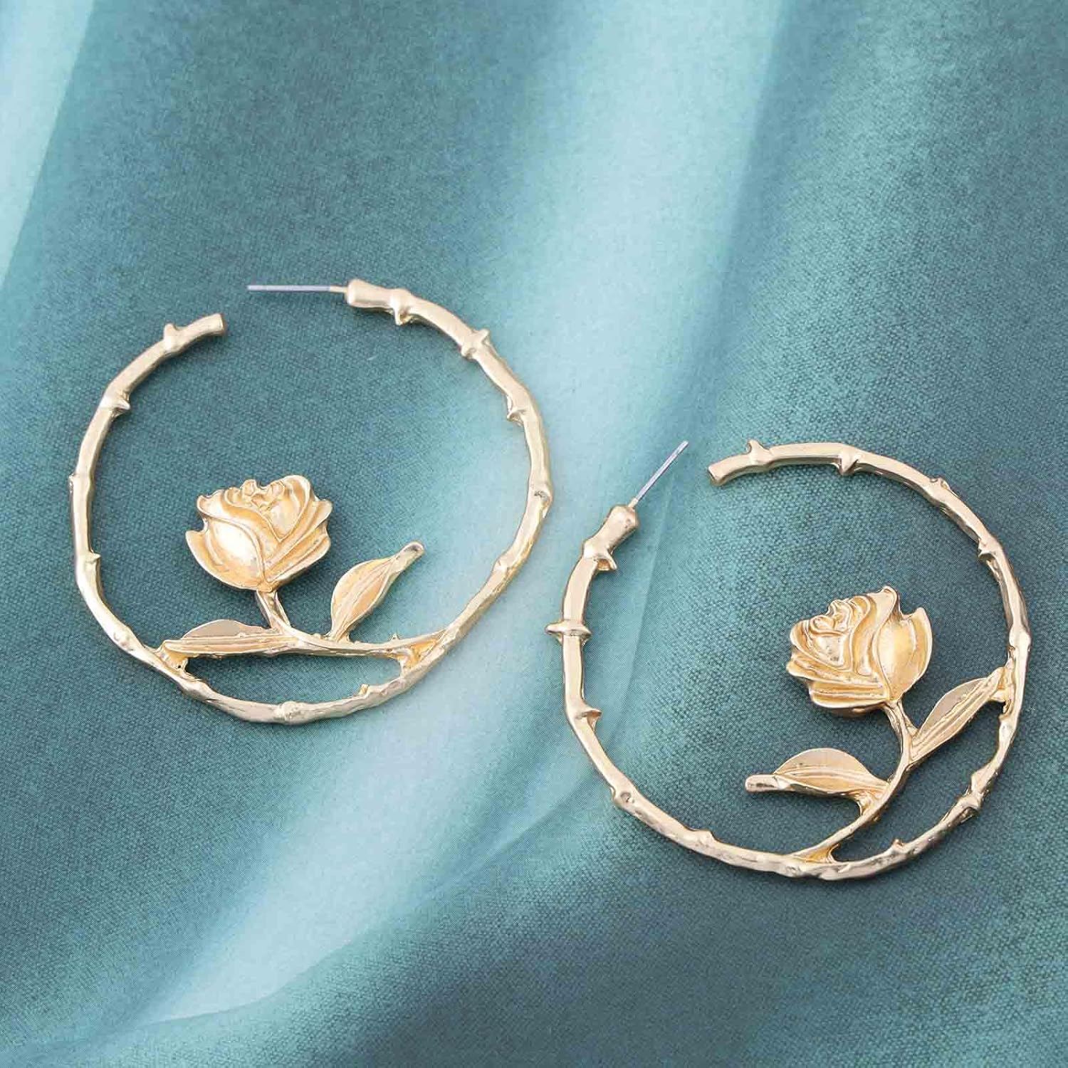 Bohemian Rose Flower Circle Earrings Gold Rose Circle Hoop Earrings Large Flower Circle Earrings Statement Hollow Hoop Earrings Jewelry for Women Gifts - Image 4