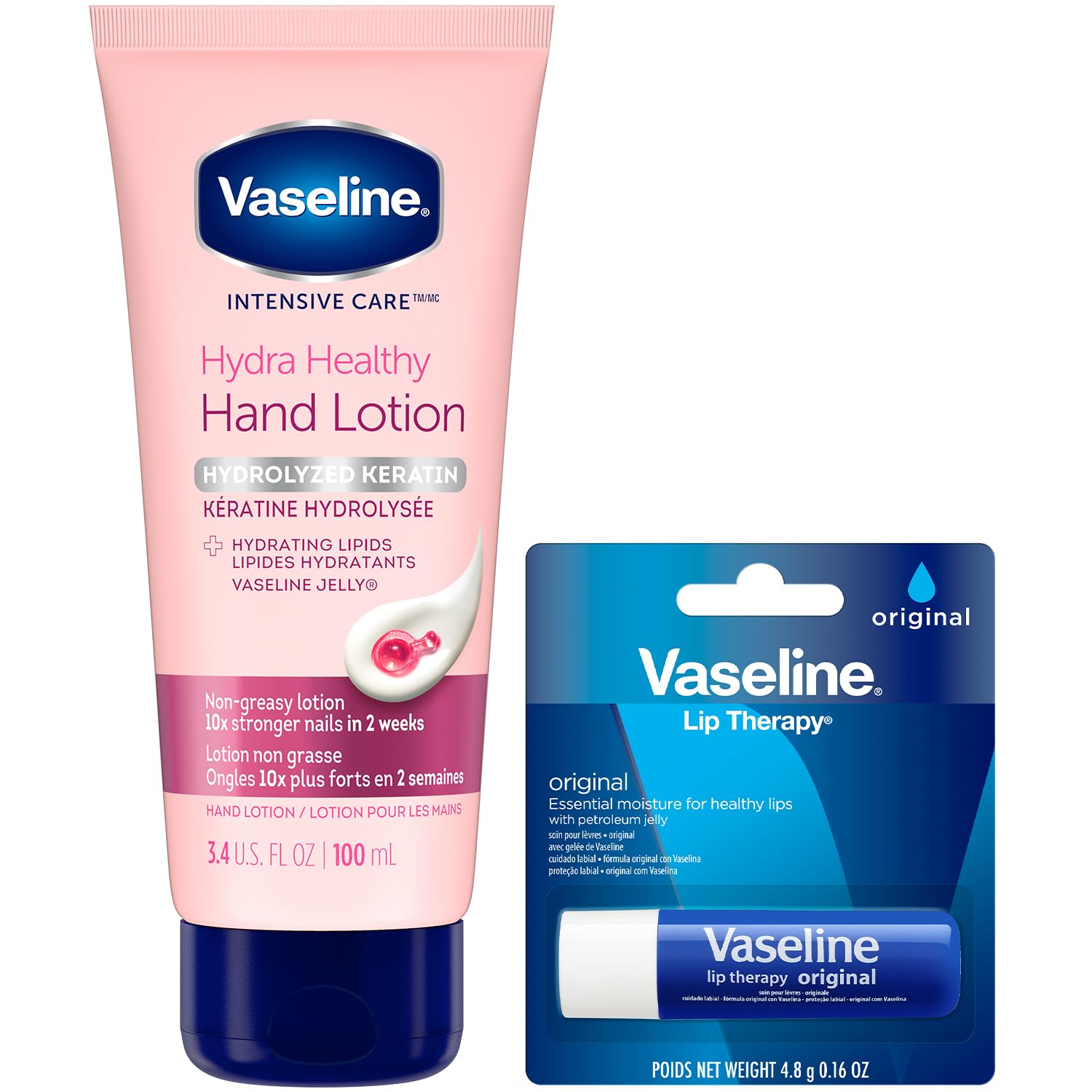 Vaseline Lotion & Lip Therapy Bundle – Healthy Hands Stronger Nails with Keratin Intensive Care Hand Lotion + Original Lip Balm Tube Vaseline Lotion & Lip Therapy Bundle – Healthy Hands Stronger Nails with Keratin Intensive Care Hand Lotion + Original Lip Balm Tube