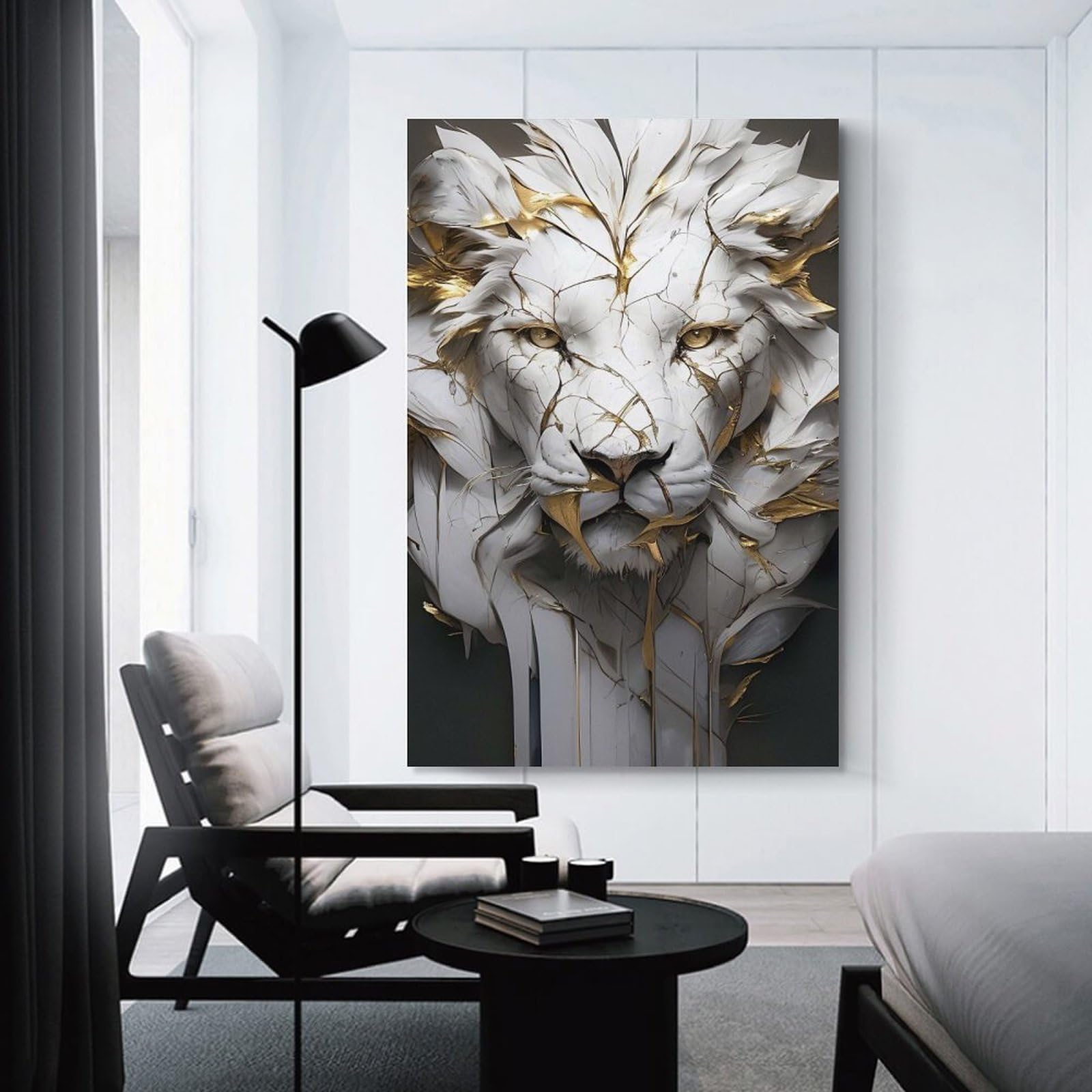 Junmoney Cracked White Lion Sculpture with Gold Accents Canvas Art Print 16x24inch(40x60cm), for Calm Bedrooms, Home Corners Or Flats, An Easy Wall Refresh for Bedrooms