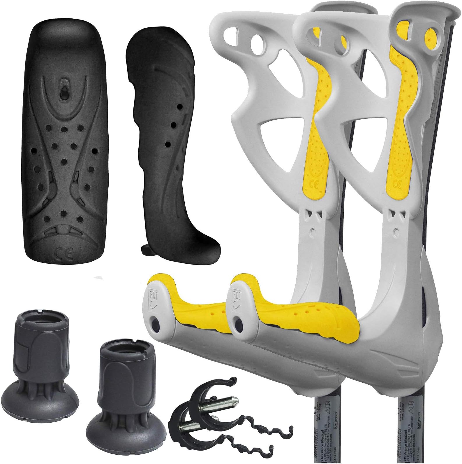 FDI Premium Height Adjustable Lightweight Elbow Forearm Walking White Crutches - Yellow Grips + Service Pack Add-On