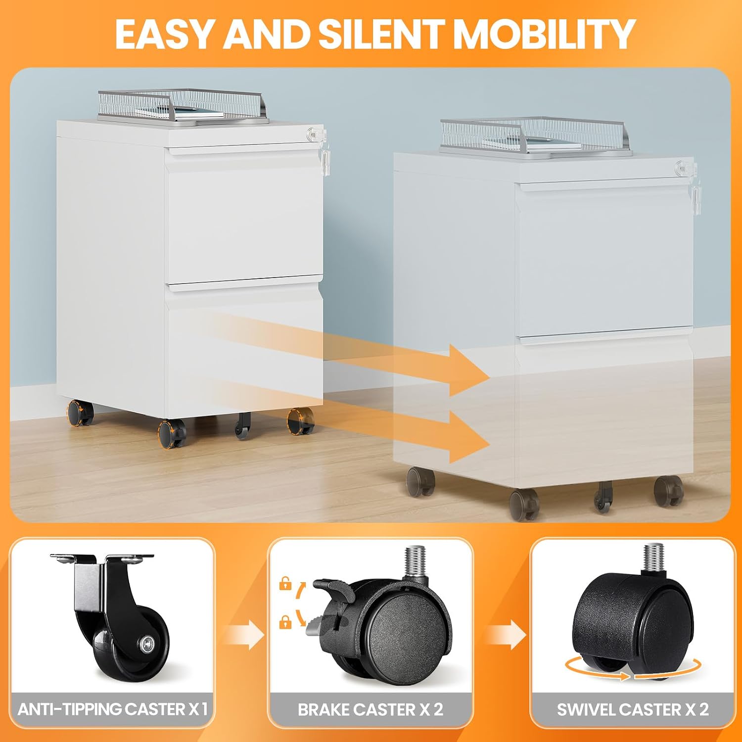 2 Drawer Mobile File Cabinet, Fully Assembled File Cabinets with Lock, Metal Rolling Filing Caninet on Wheels, Small Two Drawer Under Desk Cabnet for Letter/Legal / A4 / File Box - White thumbnail