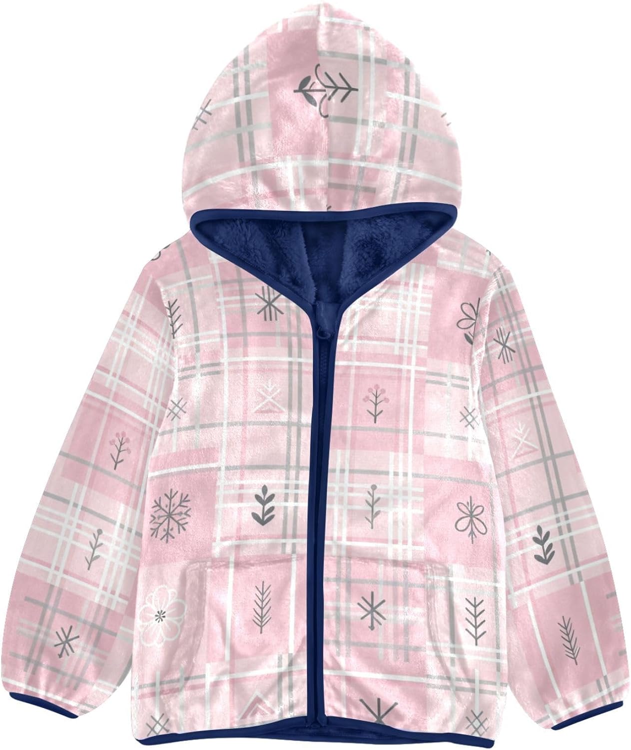 GuoChe Pink Plaid Floral Fleece Zip Up Jacket Outerwear Jackets & Coats